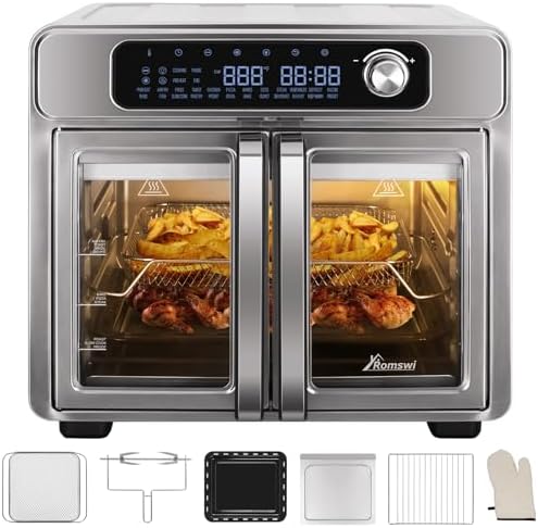 Romswi 26QT French Door Air Fryer Toaster Oven Combo, 24 Cooking Functions and Digital Controls, Fits 12