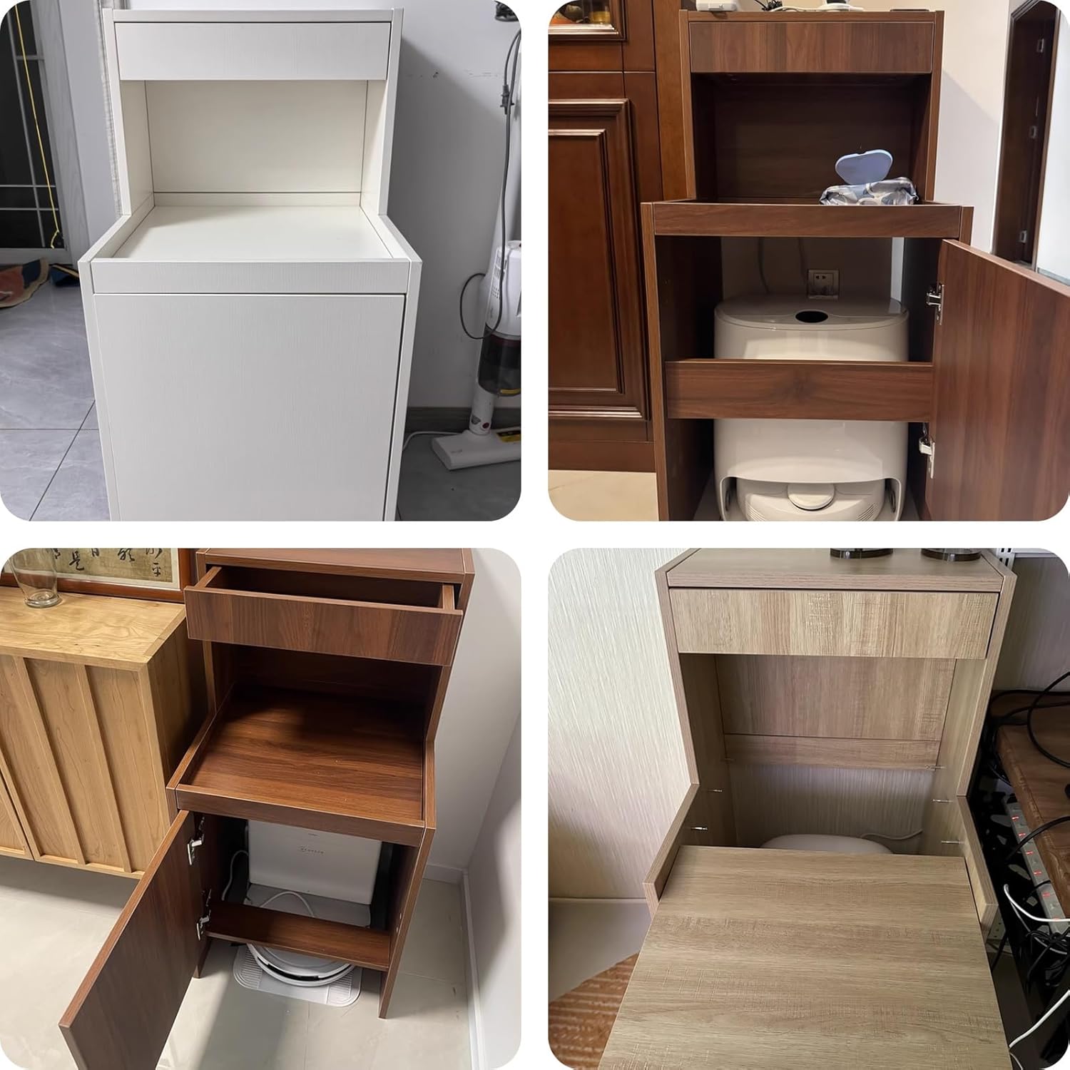 Wooden Robot Vacuum Storage Cabinet Easy Water Change Sweeping Robot Storage Rack Half Hollow Design Nightstand Organizer for Home Office Living Room(Natural)