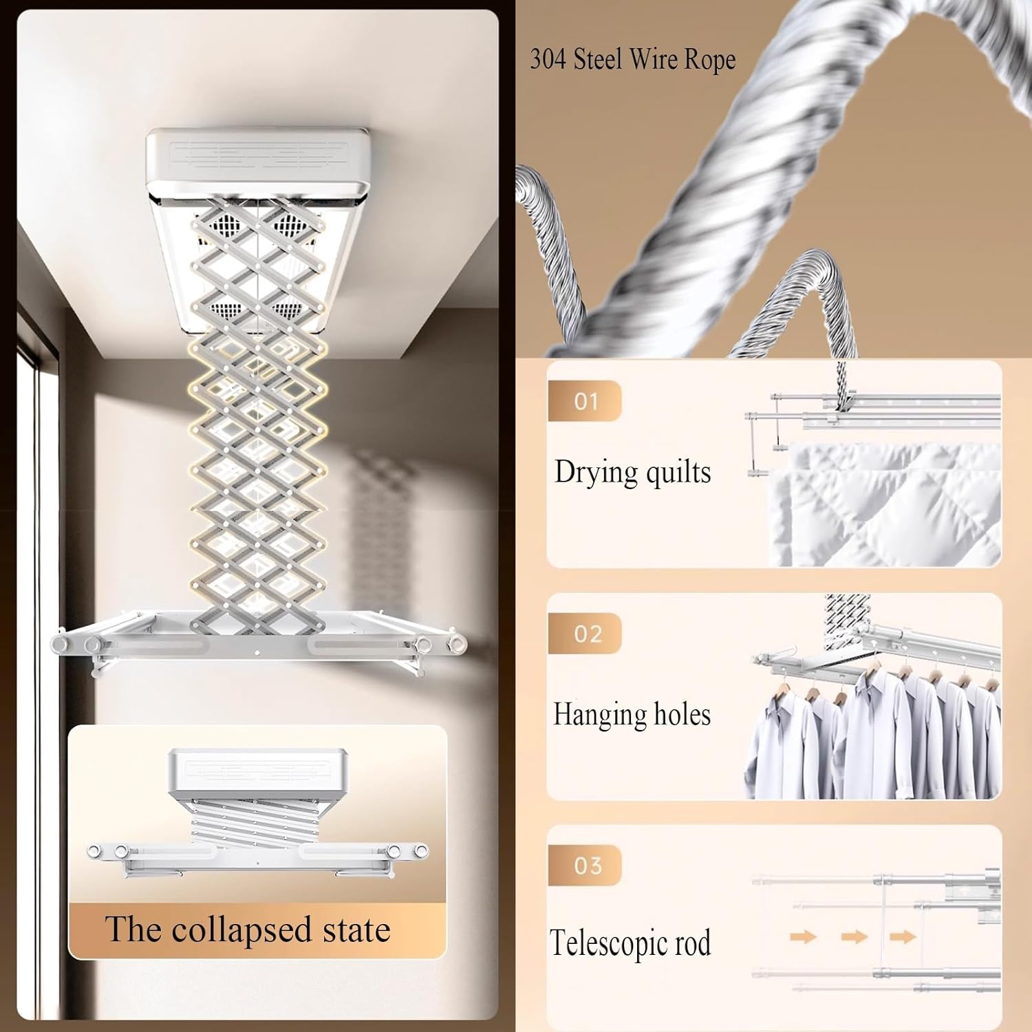 Foldable Drying Rack Large for Clothes Large Capacity, Indoor Clothes Drying Rack Retractable 129-220cm, Ceiling Mounted Clothes Drying Rack with Remote Control 220V(Gray)