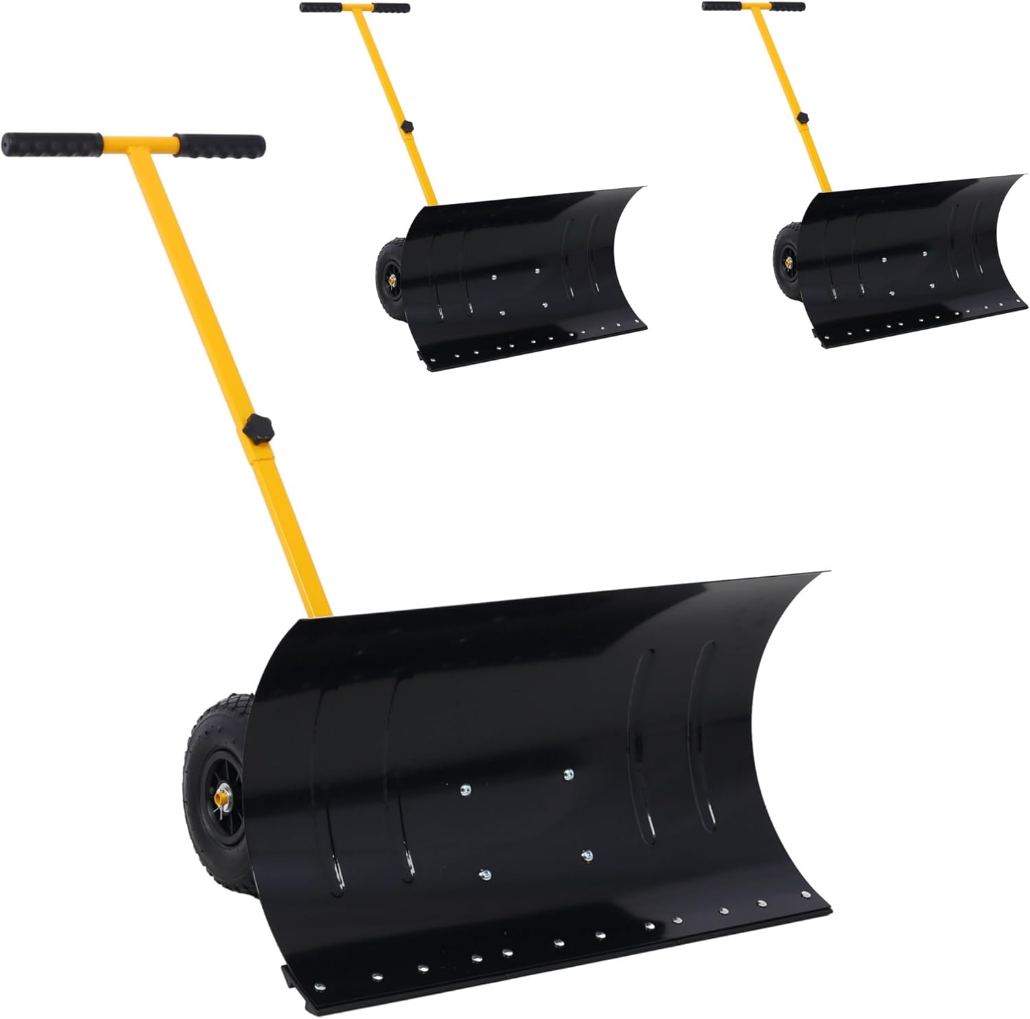 Snow Pusher Shovel for Driveway with Wheels,Adjustable Angle & Height Handle for Effortless Snow Clearing,Ergonomic Single-Rod Design (3, Yellow Single Handle)