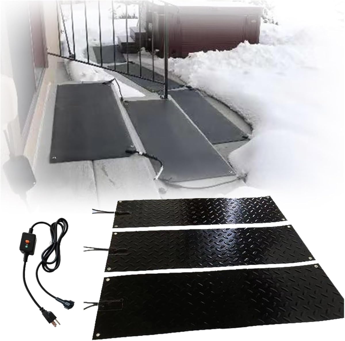 Electric Outdoor Snow Melting Mats, Non Slip Ice Heated Rubber Mat Waterproof Snow and Ice Melt Heated Sidewalk Mat Pads for Entrances Stair Sidewalk Roof, 2 Inch/h Speed, 2 Pcs-10x15in