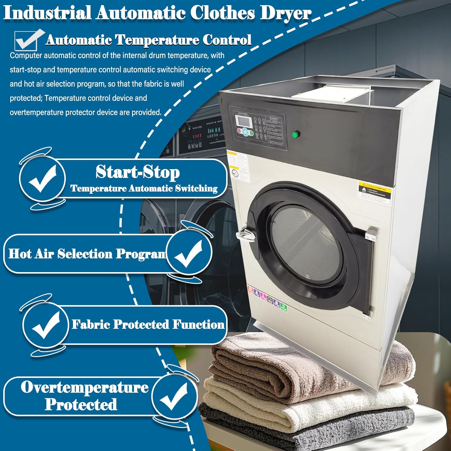 Commercial Clothes Dryer 33LB Heavy-Duty, 8KW Industrial Laundry Dryer,Stainless Steel Drum, with safety lock, Auto-Temperature Control for Hotels/Factories 220V 3PH