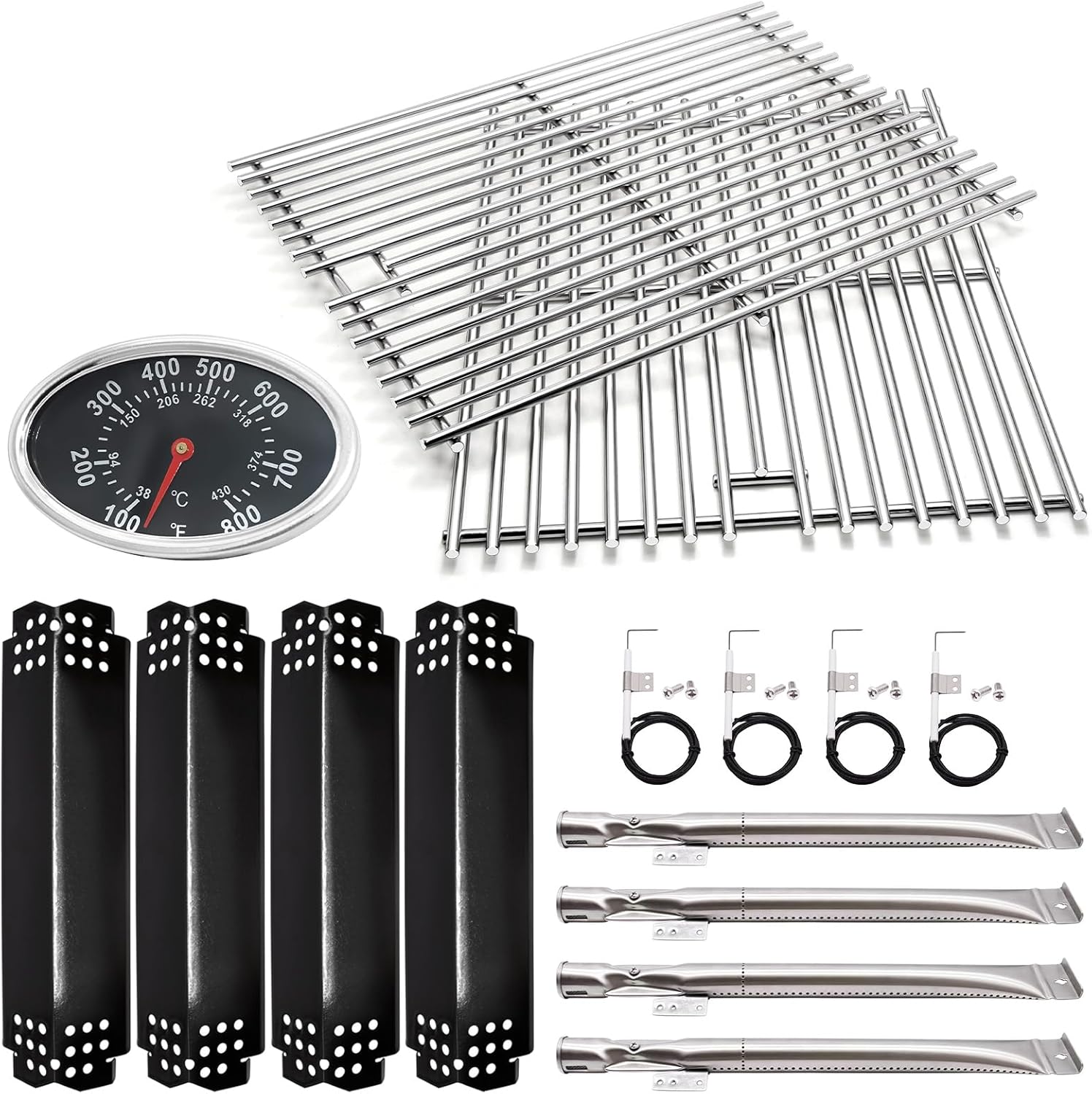 Grill Replacement Parts for Nexgrill 4 Burner 720-0830H, 720-0783E, 720-0783C, 17 Inch Stainless Steel Grill Cooking Grates, Burner Tubes, Porcelain Heat Shield Plates, Grill Igniter, Lid Thermometer.