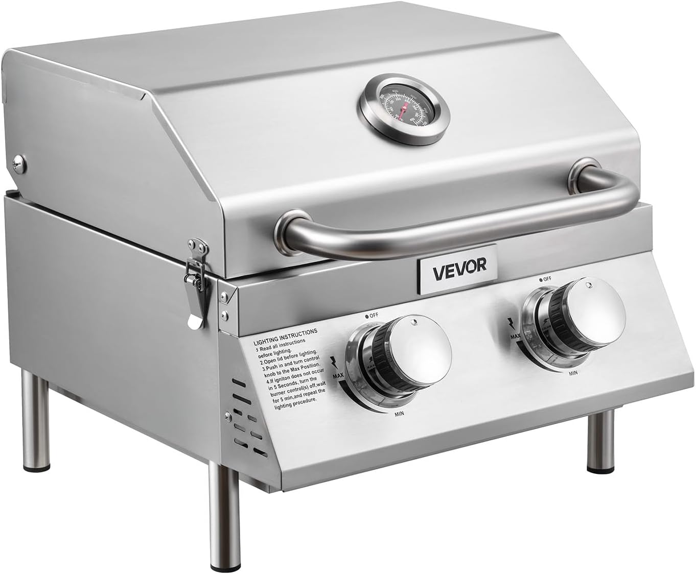 VEVOR Tabletop Gas Grill, 2-Burner Stainless Steel Portable Propane Grill, with Built-in Thermometer, Travel Locks, Weatherproof Lid, 15,000 BTU Total, for Outdoor Cooking, Patio, Party, Camping, RV