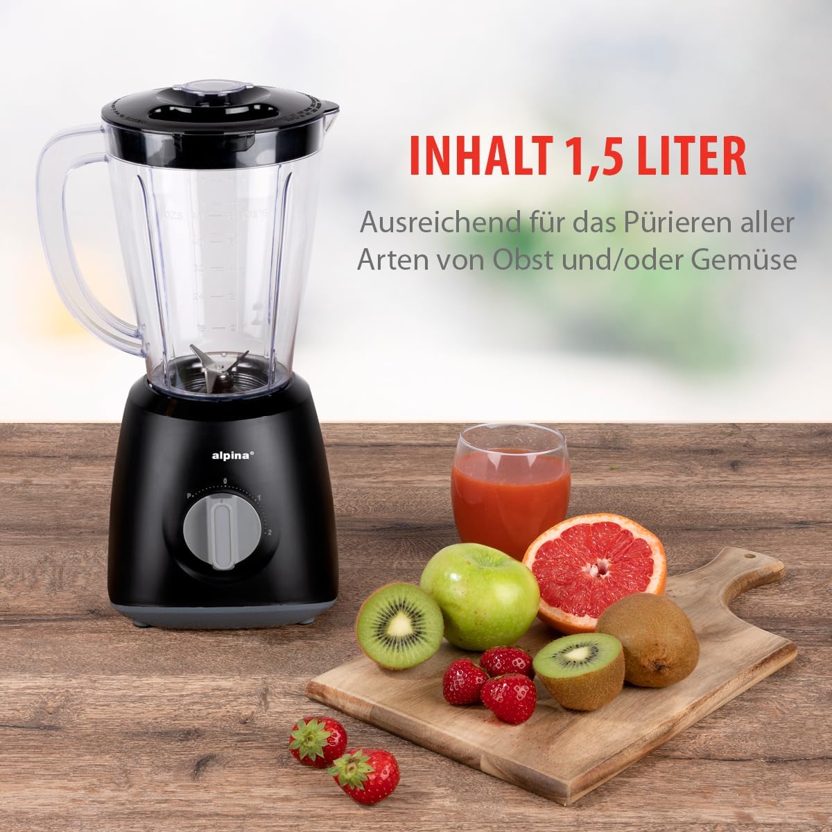 alpina Blender 1.5L, Liquidifier 400 W, Blender Jug with Turbo Function, Plastic Blender, Stainless Steel Blades, Black