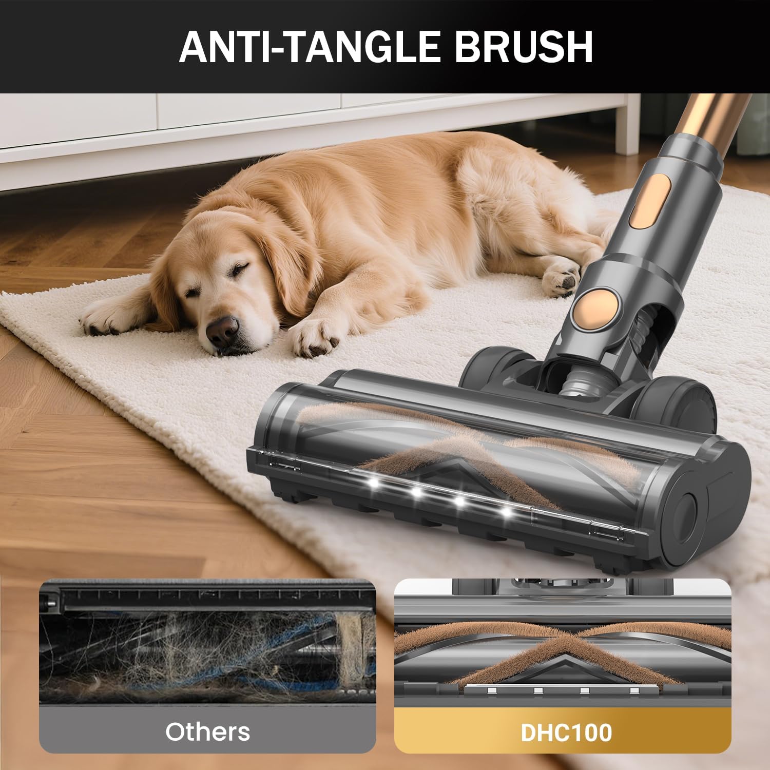 Cordless Vacuum Cleaner, 10-in-1 Lightweight Stick Vacuum with 45mins Runtime, Powerful Suction, LED Touch Screen, Rechargeable Vacuum Cleaners for Home Hardwood Floor Carpet Pet Hair (Gold)