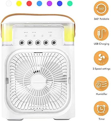 Portable Air Conditioner Fan Usb Desk Fan Mini Evaporative Air Cooler Fan with 7 Colors Lights Personal Air Cooler with Timer-White