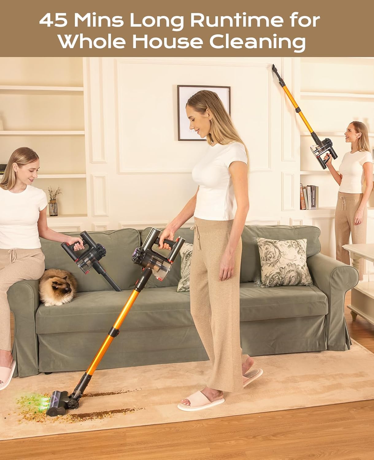 Cordless Vacuum Cleaner, 450W 40KPA Vacuum Cleaners for Home, 45Mins Lightweight Stick Vacuum with Advanced Green Light Tech, Rechargeable Battery Vacuum for Carpet,Pet Hair,Hardwood Floor