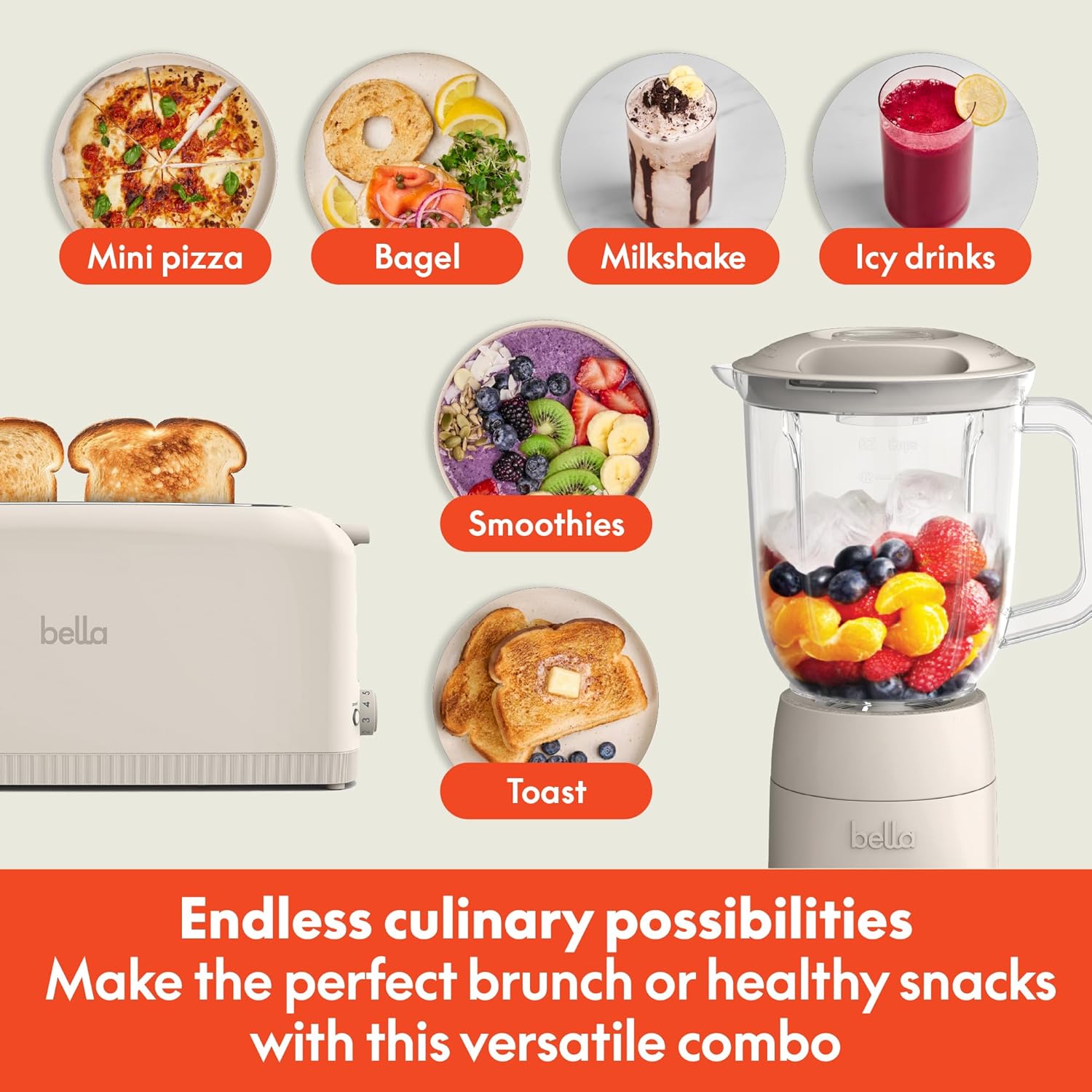 BELLA 10 speed Flip & Store Countertop Blender + 2 Slice Slim toaster, Fits-anywhere™ Kitchenware, Smart Toaster w 6 Shades Control & Smoothie Blender w 48oz Capacity Pitcher, Oatmilk