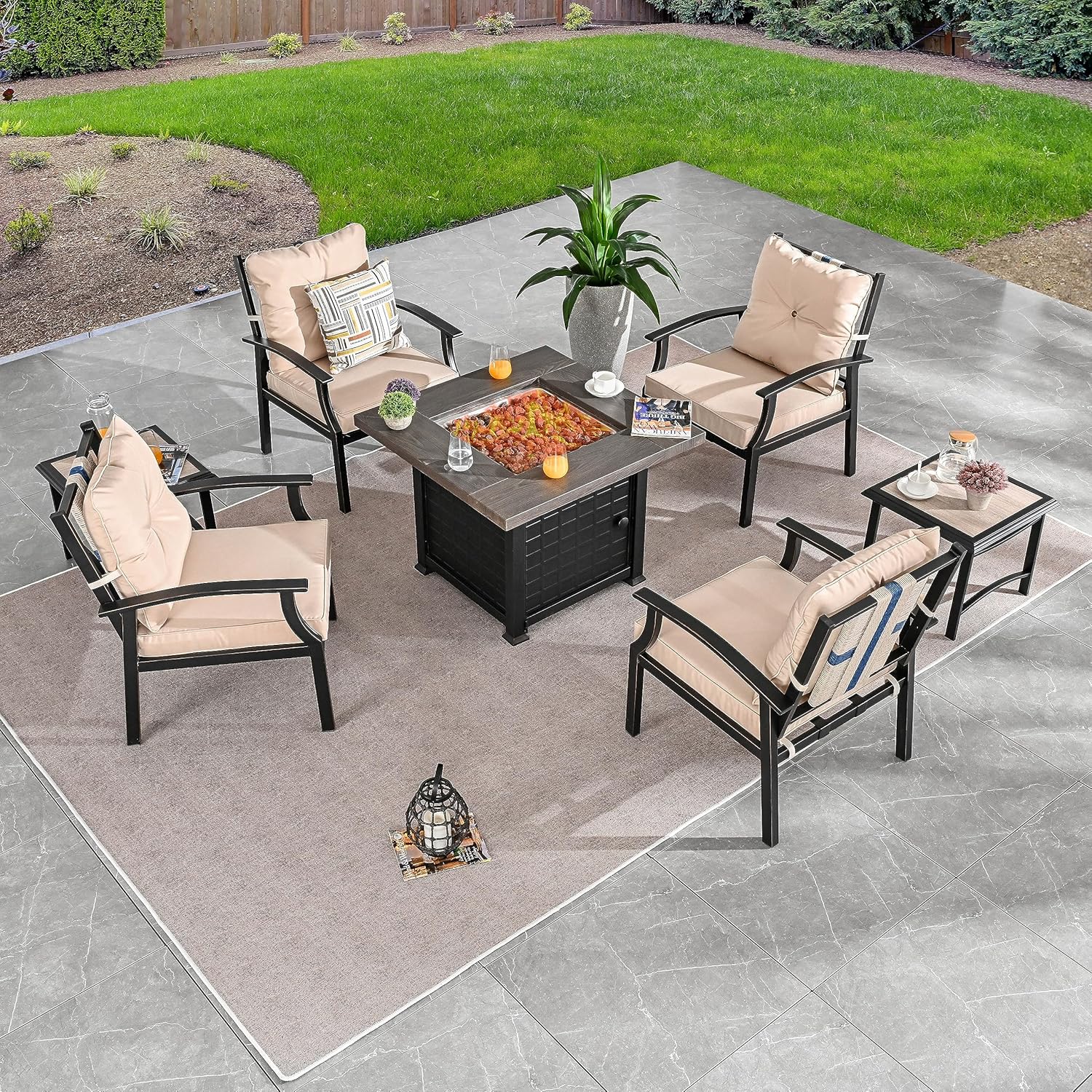 LOKATSE HOME Patio Furniture Propane Gas Fire Pit Table Set Fireplace with 4 Metal Cushioned Chairs Seat, Khaki