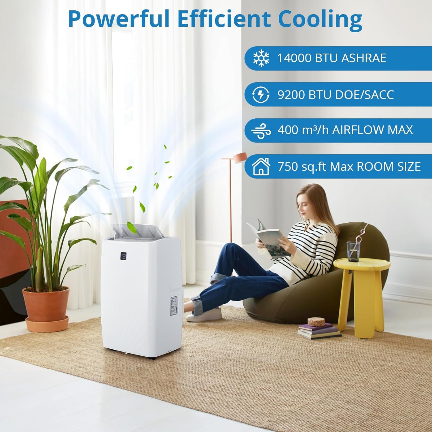 14,000 BTU Portable Air Conditioner Cools Up to 750 Sq.Ft, 3-IN-1 Quiet Portable AC Unit with Remote Control & Installation Kits for Large Room, Smart/Sleep Mode, Auto Swing, 24H Timer