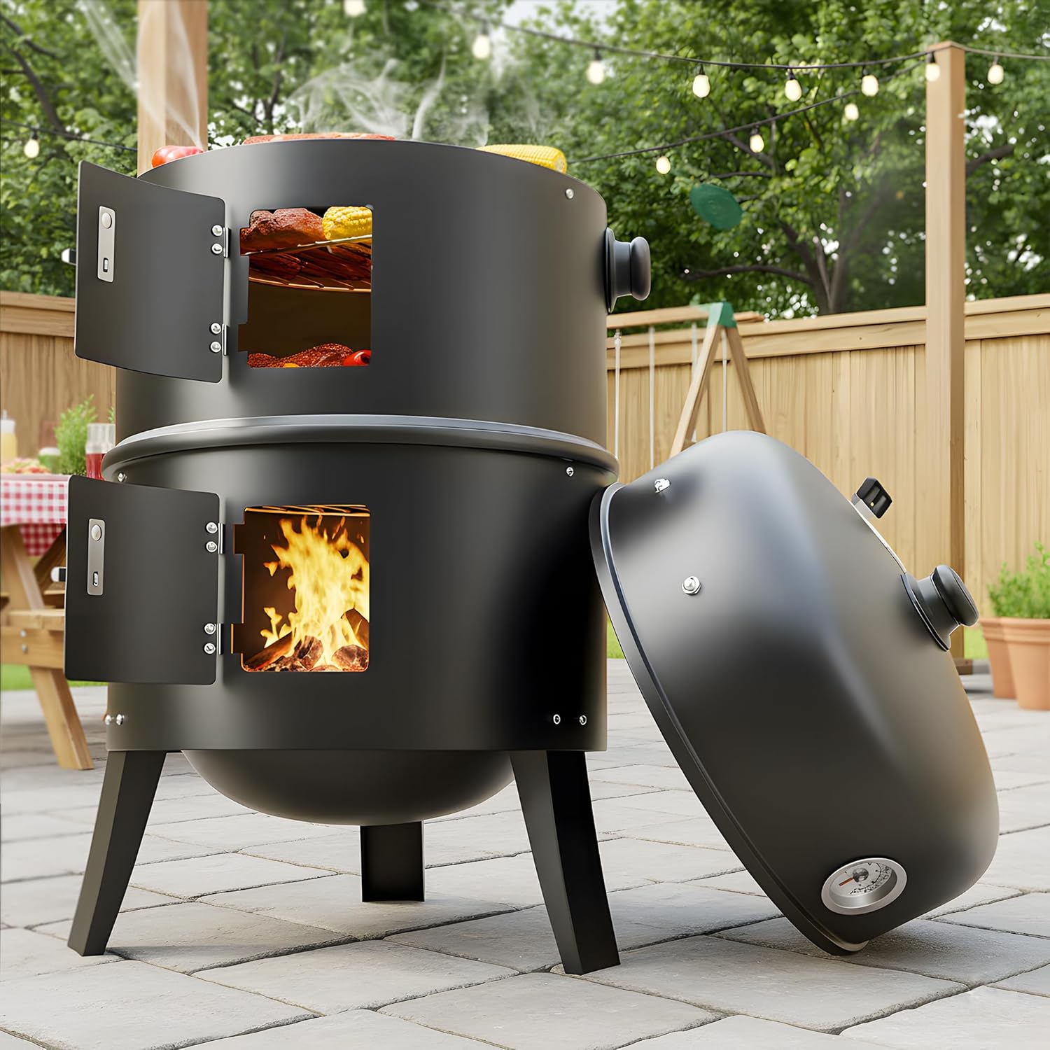 16 Inch Charcoal Smoker, 3-in-1 Meat Smoker Grill with Thermometer & Dual Cooking Racks Portable Outdoor BBQ Smoker with 2 Access Doors, Easy to Clean, for Backyard, Camping & Parties
