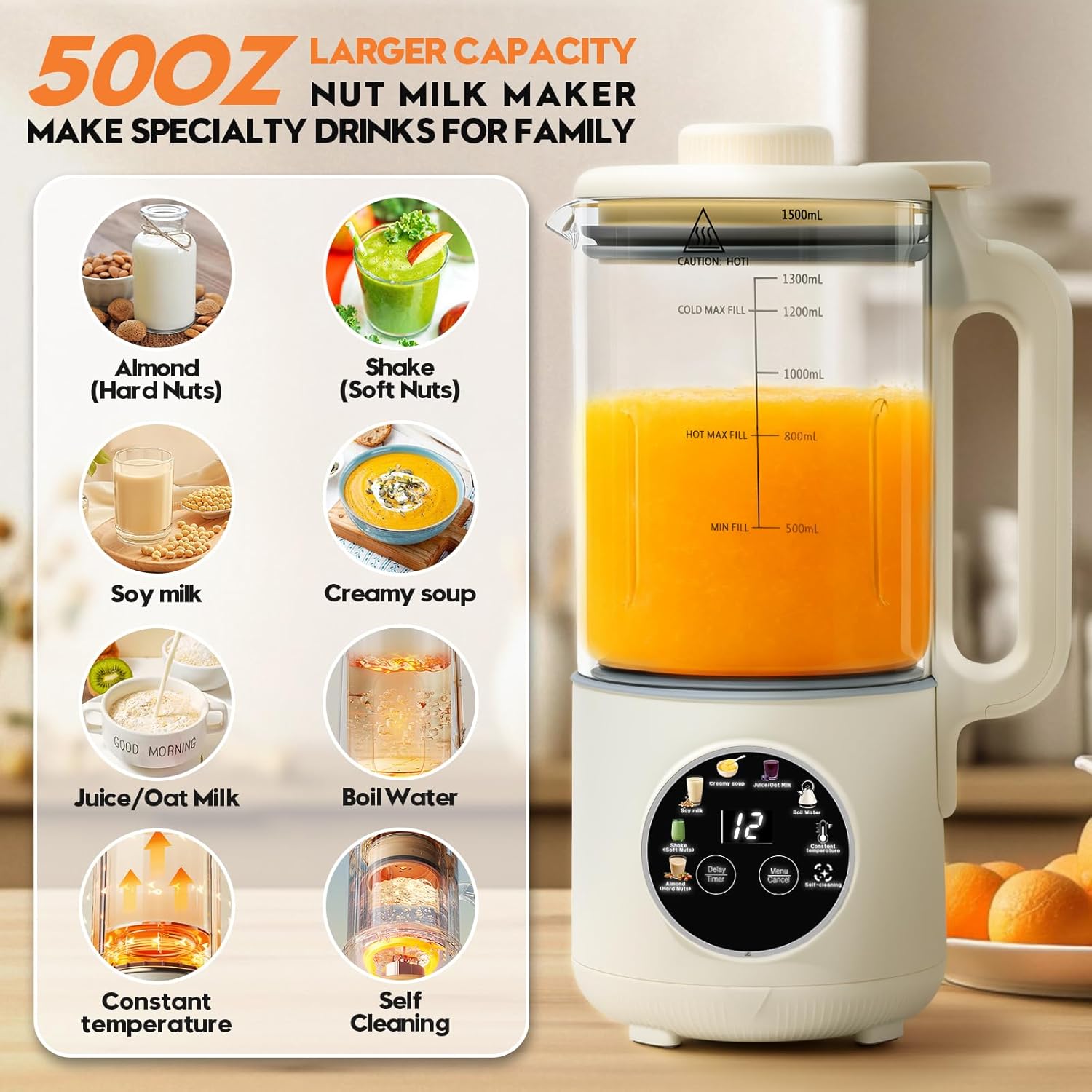 8-in-1 Nut Milk Maker Machine, 50oz Glass Soy Almond Oat Milk Maker with 20 Blades, Delay Timer, Constant Temperature, Self-Cleaning, Overheat Protection, Recipe Included