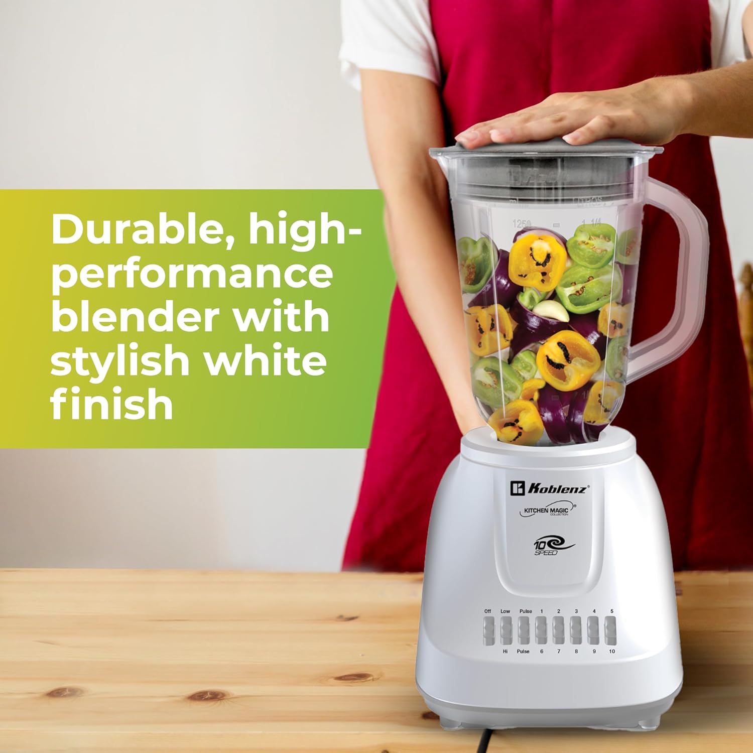 Koblenz 42 oz Plastic Jar Blender, 10 Speed and 2 Pulses, Countertop Blender with Stainless Steel Blades, Perfect for Shakes and Smoothies, 500-Watt Motor, White, LKM-5510 PB