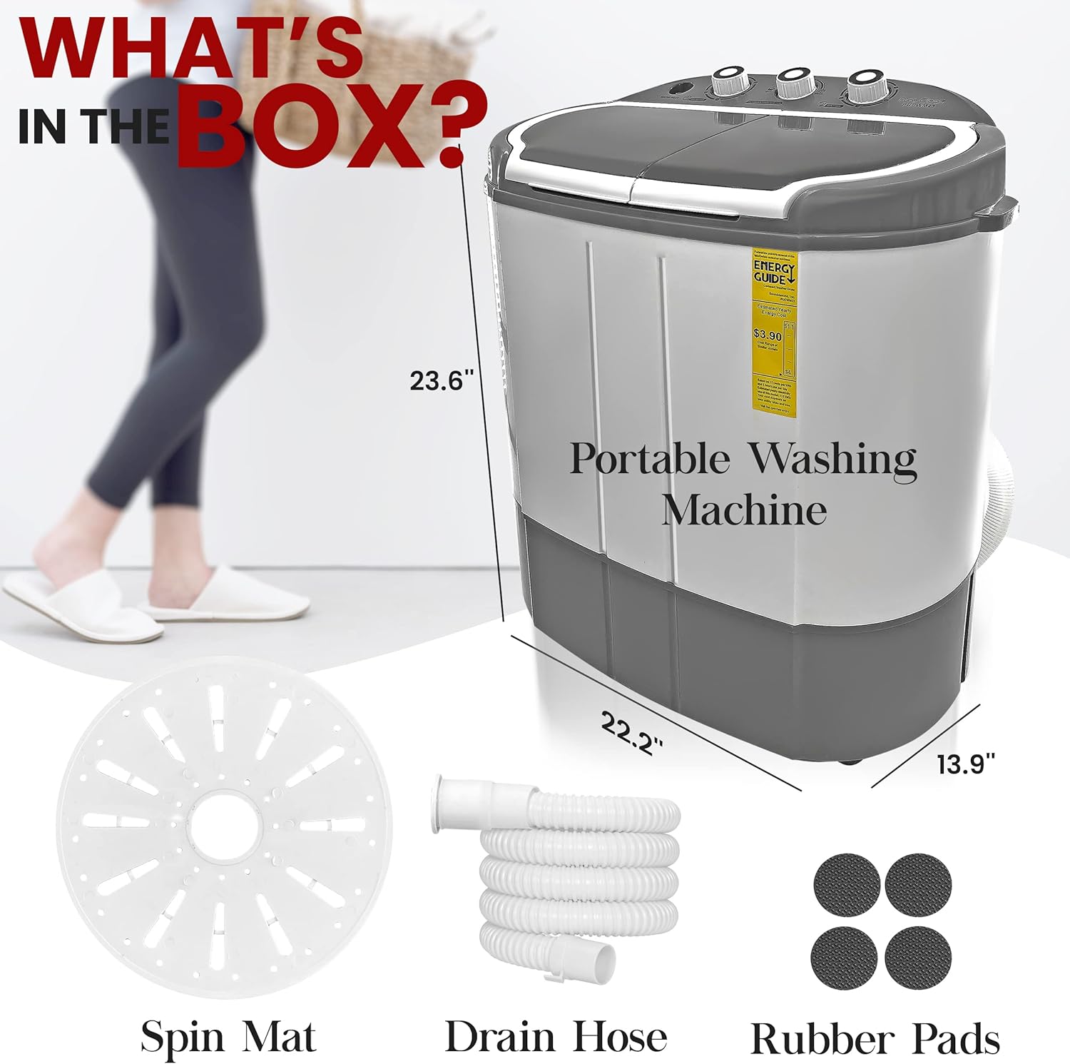 PURE CLEAN Compact Home Washer & Dryer, 2 in 1 Portable Mini Washing Machine, Twin Tubs, 11lbs. Capacity, 110V, Spin Cycle w/Hose, Translucent Tub Container Window, Ideal for Smaller Laundry Loads