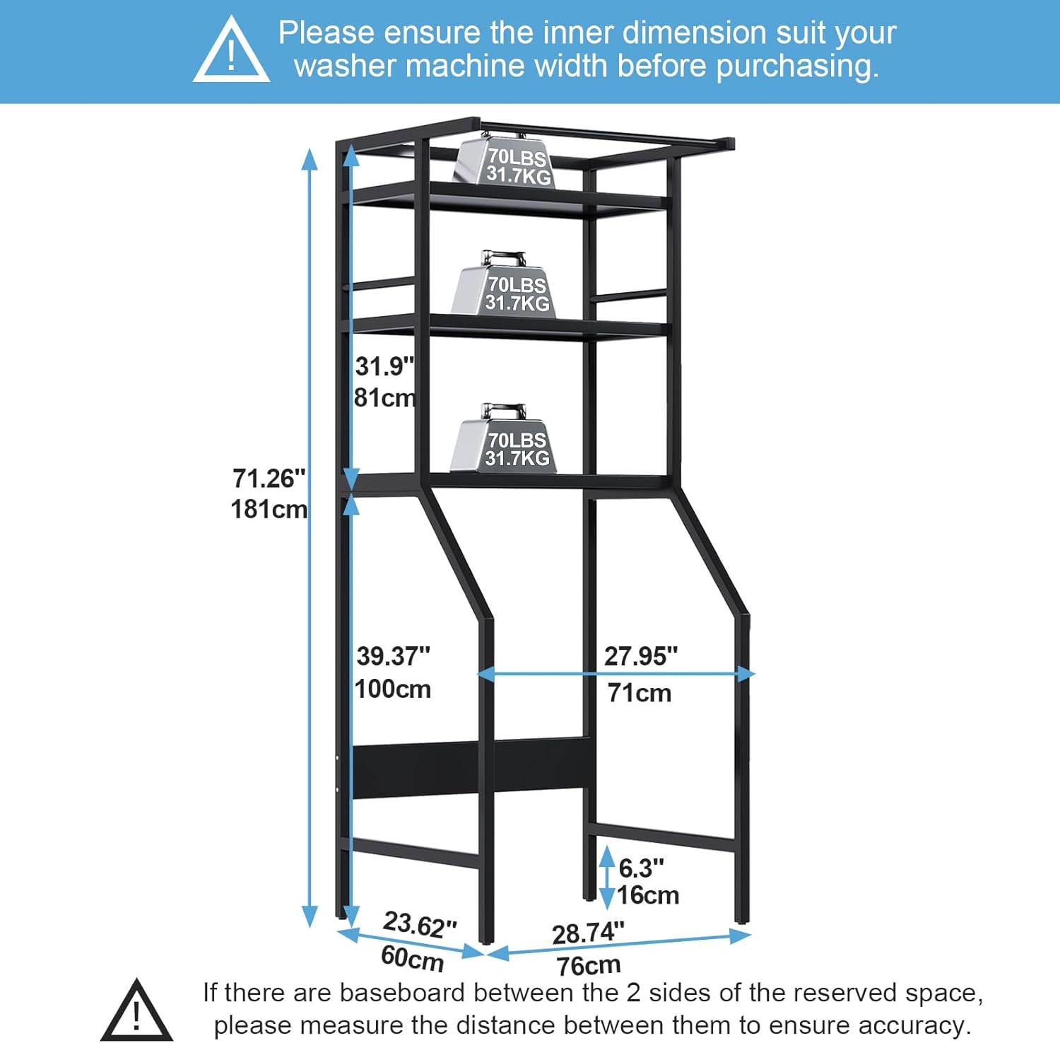 Dryer Storage Shelf and Heavy Duty Over the Washer– All-Steel Laundry Room Organizer with Clothes Drying Rod, Space-Saving Shelf for Front-Load Washers and Dryers, 29.92