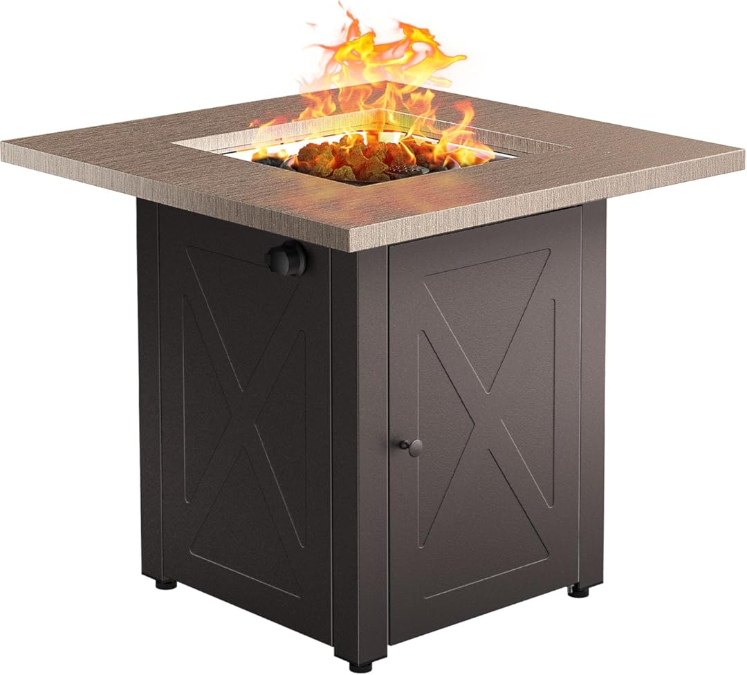 LEGACY HEATING 28 Inch Outdoor Gas Square 50000 BTU Fire Pit Table with Lid, Bionic Wood Grain Propane fire pits Tables for Outside Backyard Garden Camping Party