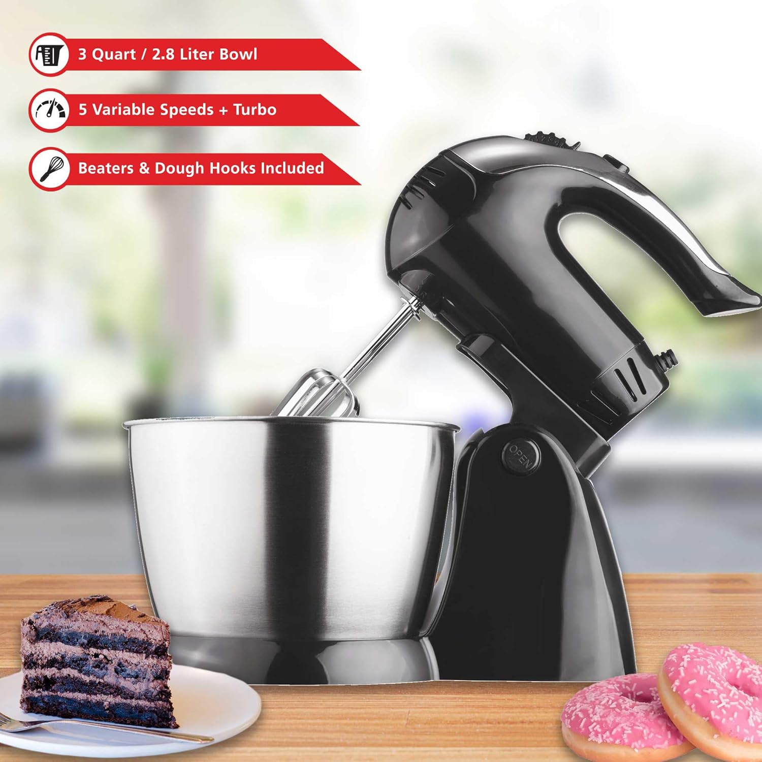 5-Speed Stand Mixer with Stainless Steel Bowl – 200W Electric Mixer with Detachable Hand Mixer for Dough, Batter, and Baking – Compact Kitchen Appliance in Black or White (Black)