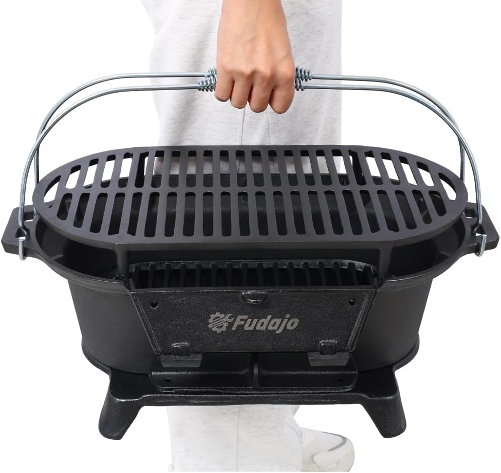 Cast Iron Hibachi Grill – Portable Charcoal BBQ for Outdoor Cooking, Durable Tabletop Skillet, Compact Camping Charcoal Cooker for Tailgating, Picnics & Hunting (Oval)