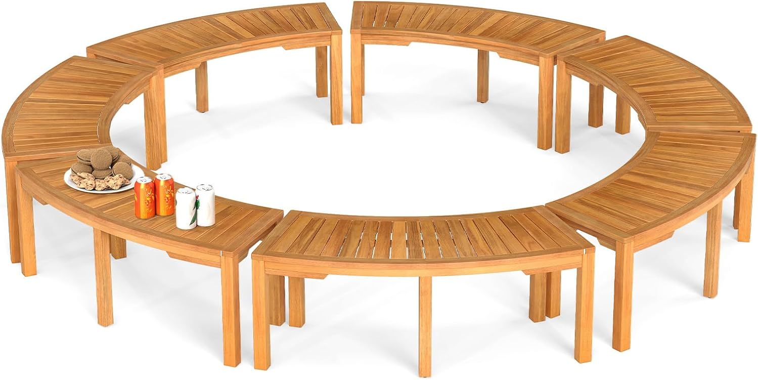 RELAX4LIFE Wooden Outdoor Curved Bench - Acacia Wood Garden Bench w/Slatted Seat, 2-Person Outside Backless Seating for Porch Backyard Deck Park, 800 LBS Load Capacity, Patio Fire Pit Bench (7, 45'')