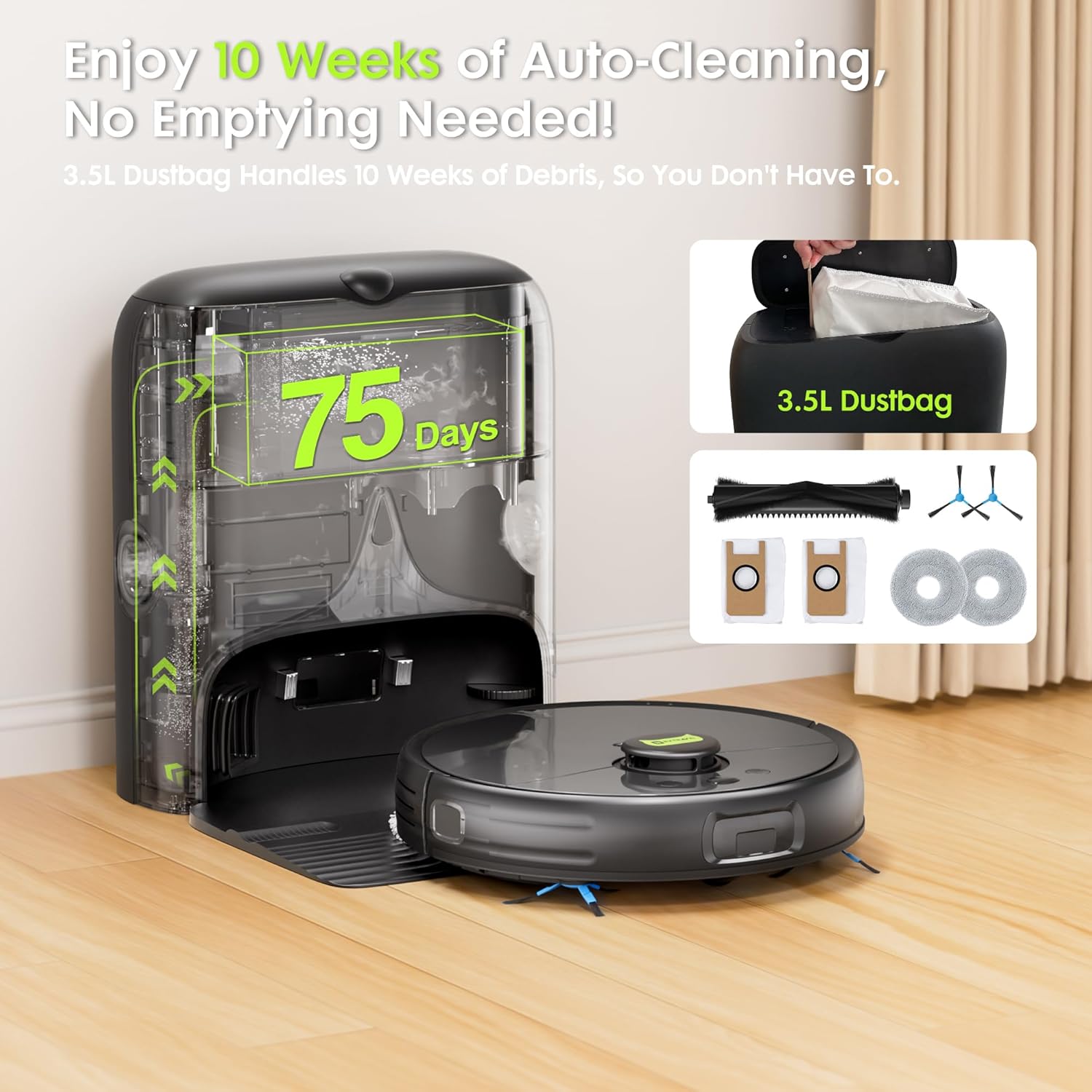 Robot Vacuum and Mop, Pet Hair Tangle-Free Cutter Technology, Max 10,000Pa Suction, Laser Navigation, Pet Laser, 75-Days Capacity, Carpet Lift Detection, APP ＆ Voice Control, Robotic Vacuums Cleaner
