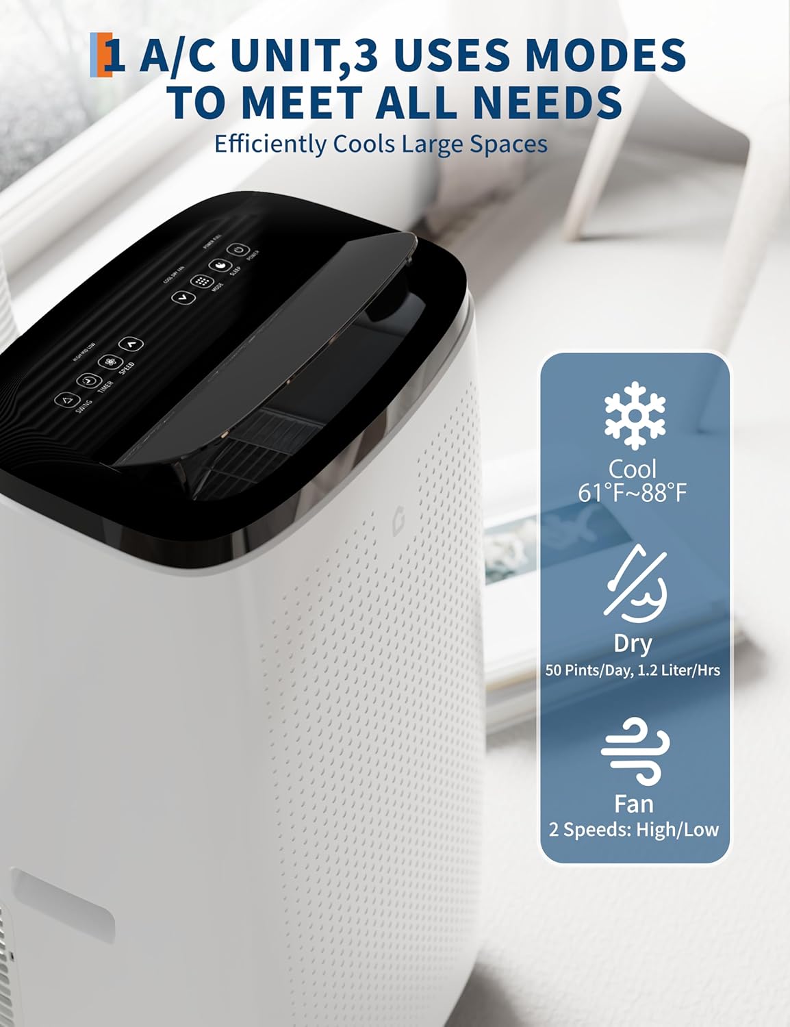 15,000 BTUs Portable Air Conditioner, Cools 850 Sq.Ft, 3-in-1 AC Unit with Dehumidifier & Fan, 52dB Quiet, 24 Hour Timer, Installation Kits, Sleep Mode Function for Large Room Office, White