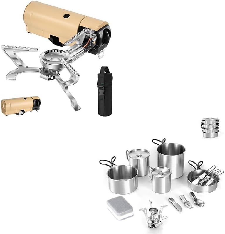 Odoland Bundle - 2 Items Portable Camping Stove and 13pcs Stainless Steel Camping Cookware