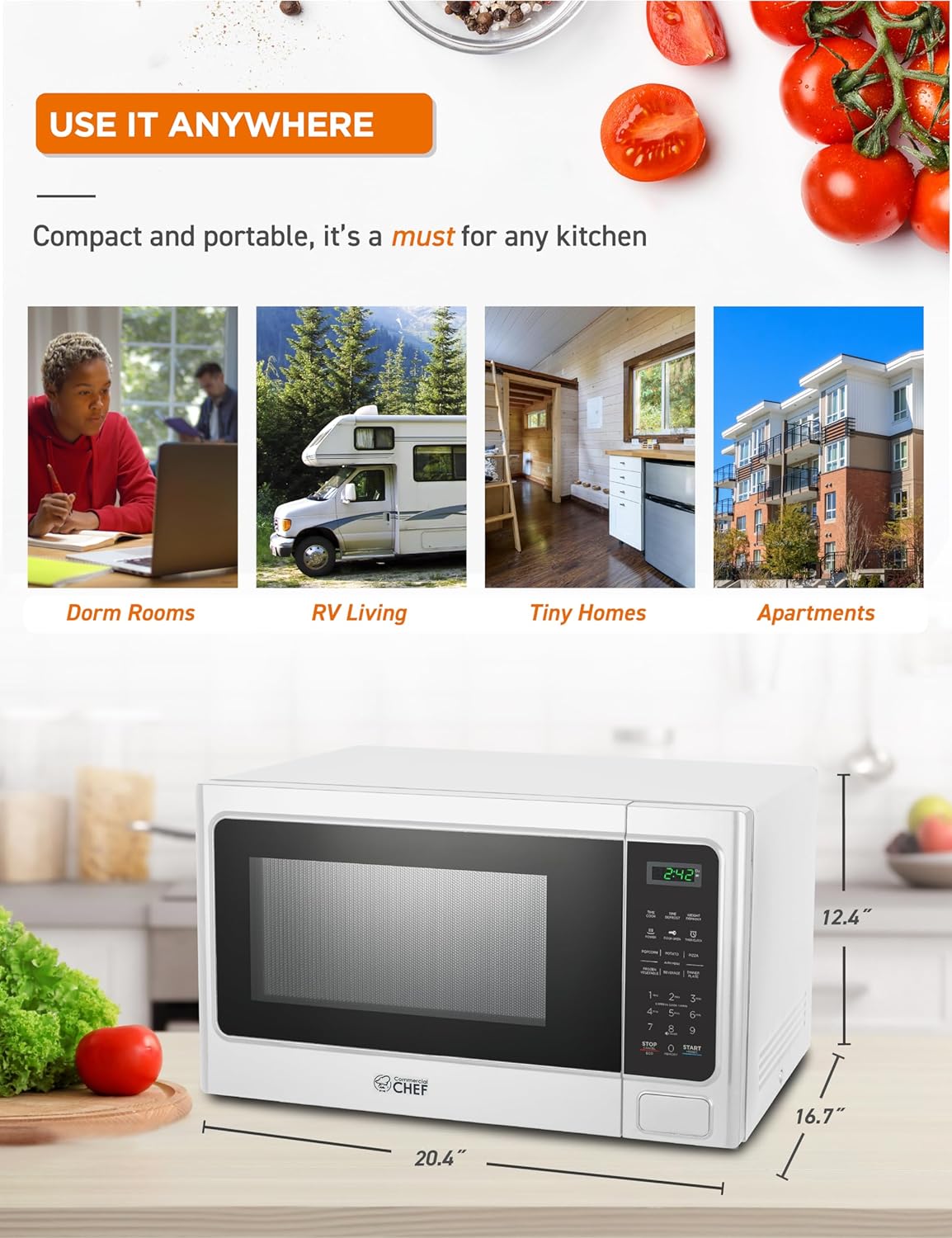 COMMERCIAL CHEF Microwave 1.3 Cu Ft with 10 Power Levels, Microwave with Push Button Door Lock, 1000W Countertop Microwave with Timer and Digital Controls, White