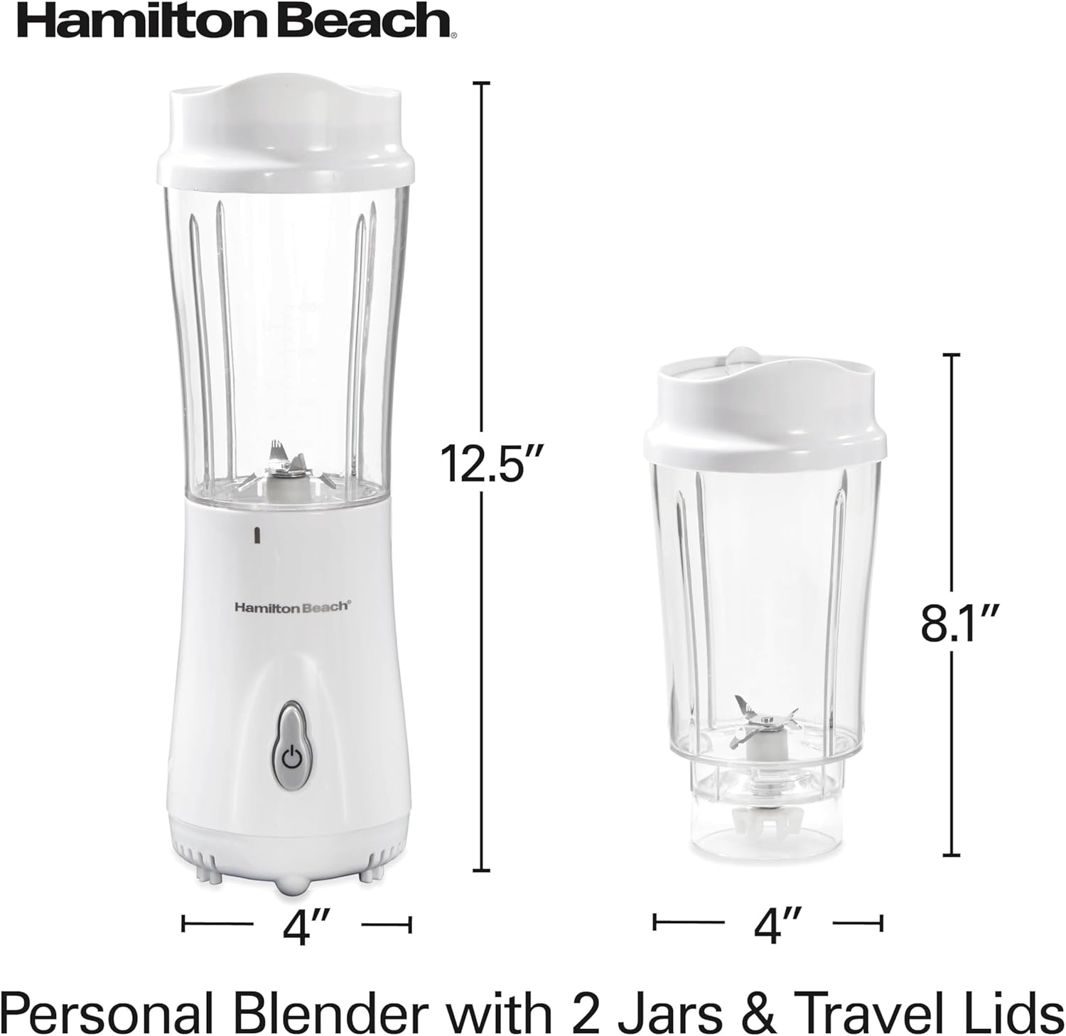 Hamilton Beach Portable Blender for Shakes and Smoothies, 14 Oz BPA Free Travel Cup & Lid, Durable Stainless Steel Blades, Personal Smoothie Blender, 2 Jars - White (51102V)