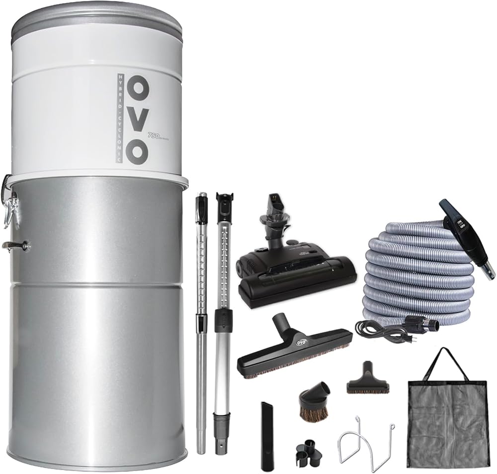OVO Heavy Duty Powerful Central Vacuum System, Hybrid Filtration (with or Without Disposable Bags) 35L or 9.25Gal, 750 Airwatts with 40ft Carpet Deluxe Accessory kit Included