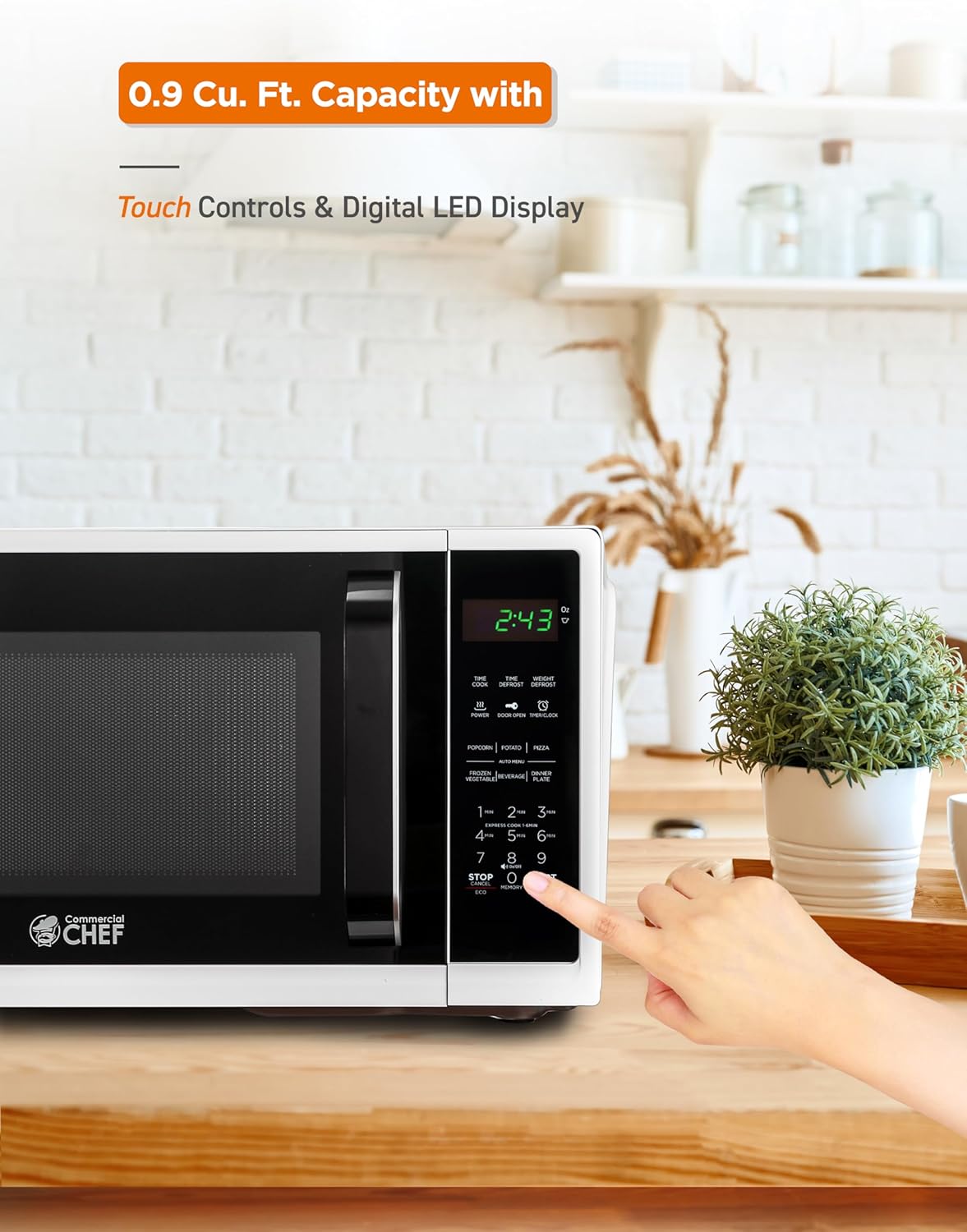 COMMERCIAL CHEF 0.9 Cubic Foot Microwave with 10 Power Levels, Small Microwave with Grip Handle, 900W Countertop Microwave with Digital Display, Door Lock and Kitchen Timer, White