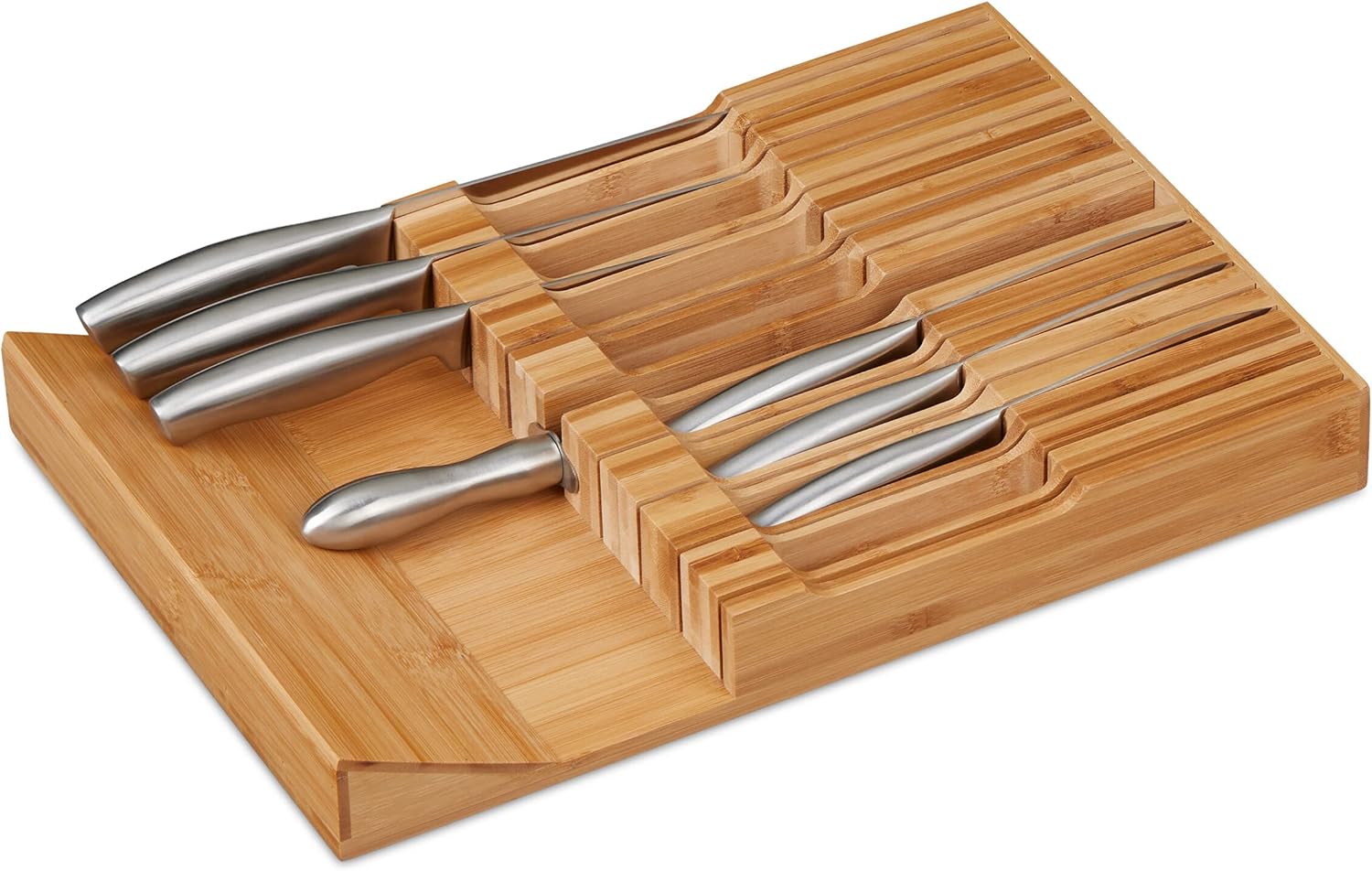 Relaxdays Knife Holder Drawer for 16 Knives and Sharpening Steel, Bamboo Knife Block Lying Down H x W x D: 5 x 43 x 29 cm, Natural