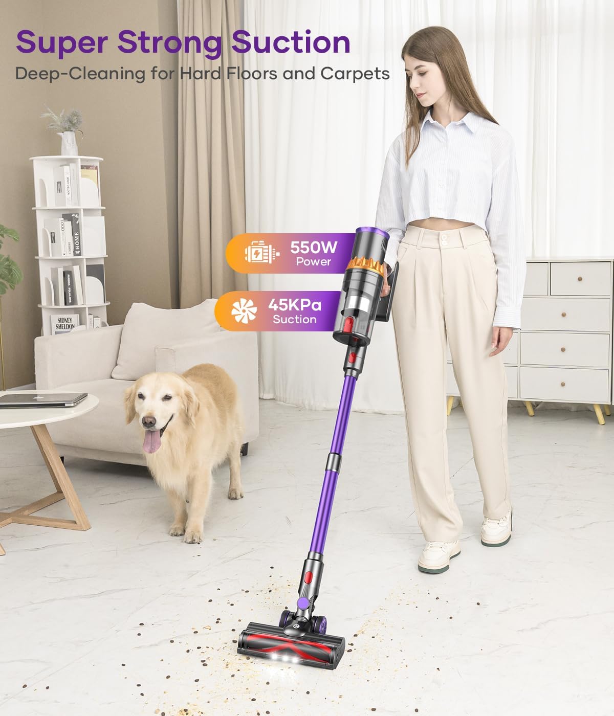Cordless Vacuum Cleaner, 550W/45Kpa Stick Vacuum with Smart Display, MAX 65Mins Runtime Vacuum Cleaners for Home, Auto Mode & Anti-Tangle Lightweight Vacuum for Pet Hair/Carpet/Floor