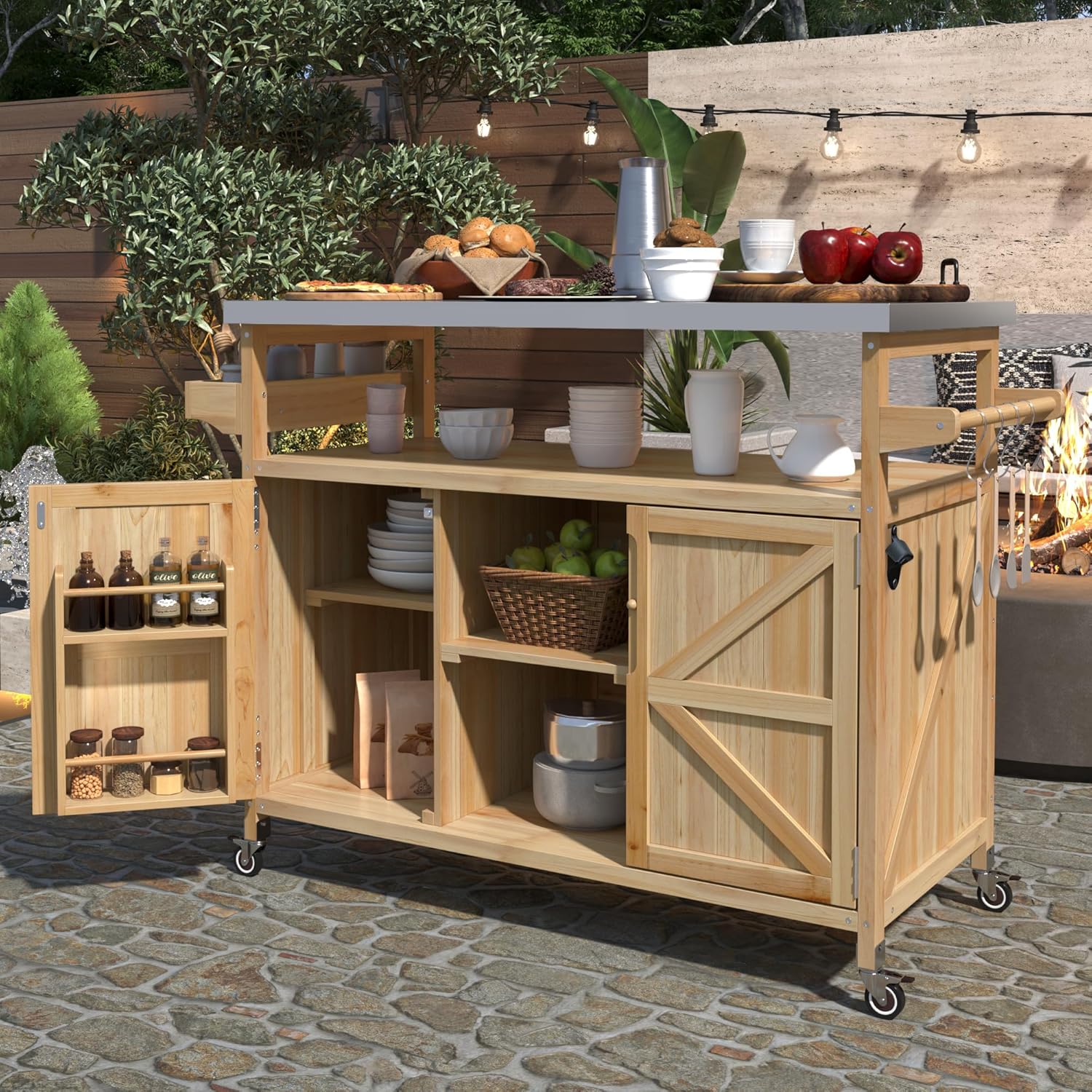 Outdoor Kitchen Island with Storage Cabinets, Stainless Steel Countertop, Farmhouse Outdoor Grill Table with Stainless Steel Top, Spice Rack, Towel Rack for Kitchen & BBQ (Natural Wood)