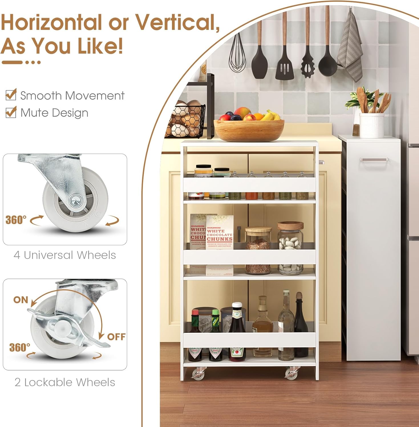Giantex 4 Tier Rolling Slim Storage Cart, 8” Narrow Slide Out Kitchen Cart w/Handle & Open Shelves, Space-Saving Compact Mobile Utility Trolley for Small Space Laundry Room (White)