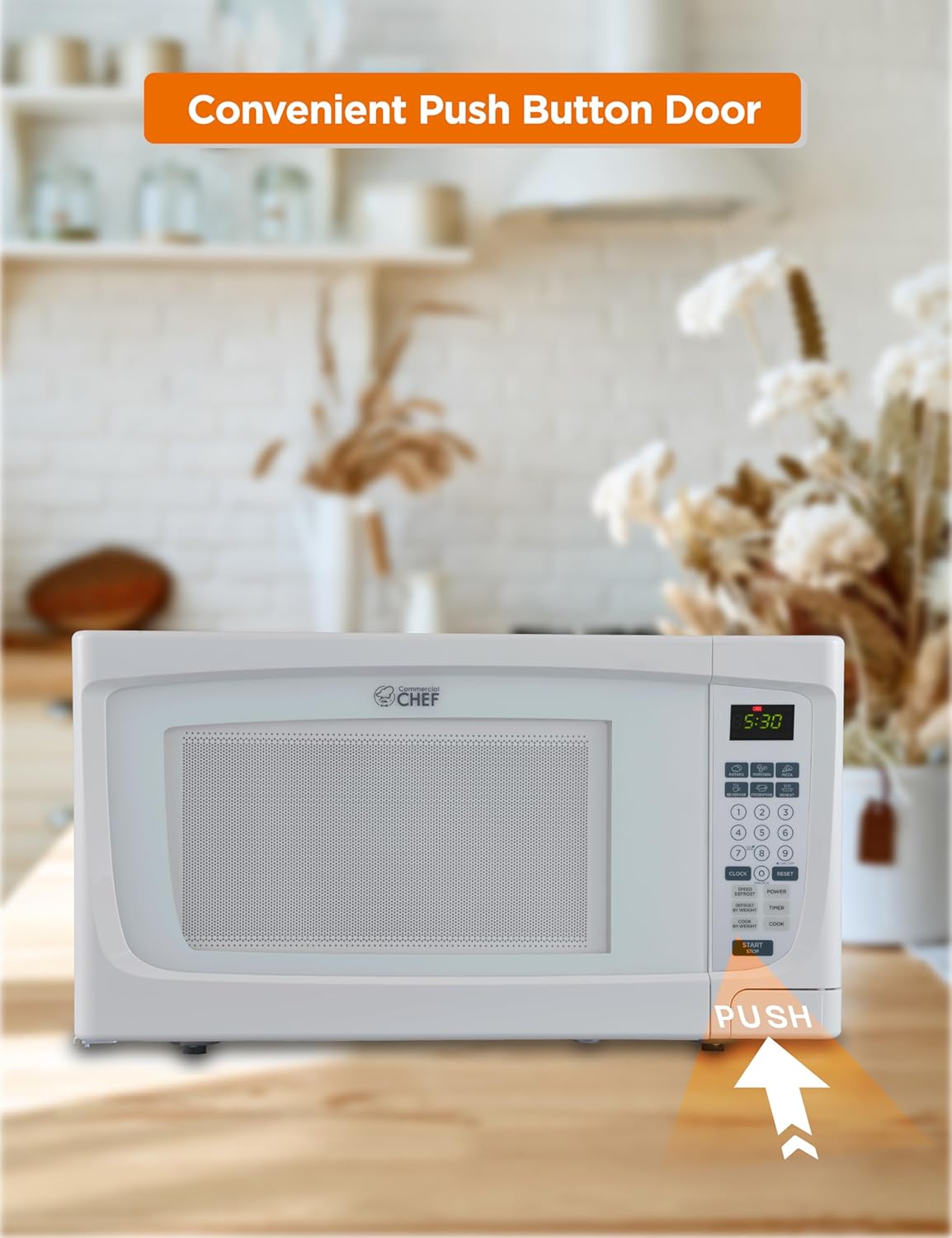 COMMERCIAL CHEF 1.6 Cubic Foot Microwave with 10 Power Levels, Small Microwave with Push Button, 1000 Watt Microwave with Digital Control Panels, Countertop Microwave with Timer, White