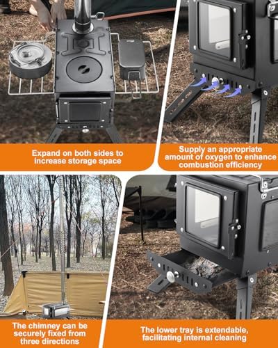 Camping Wood Stove，Wood Burning Tent Stove，Portable Hot Tent Stove for Camping, Hunting, Ice Fishing，Cooking，Shelter (Black)