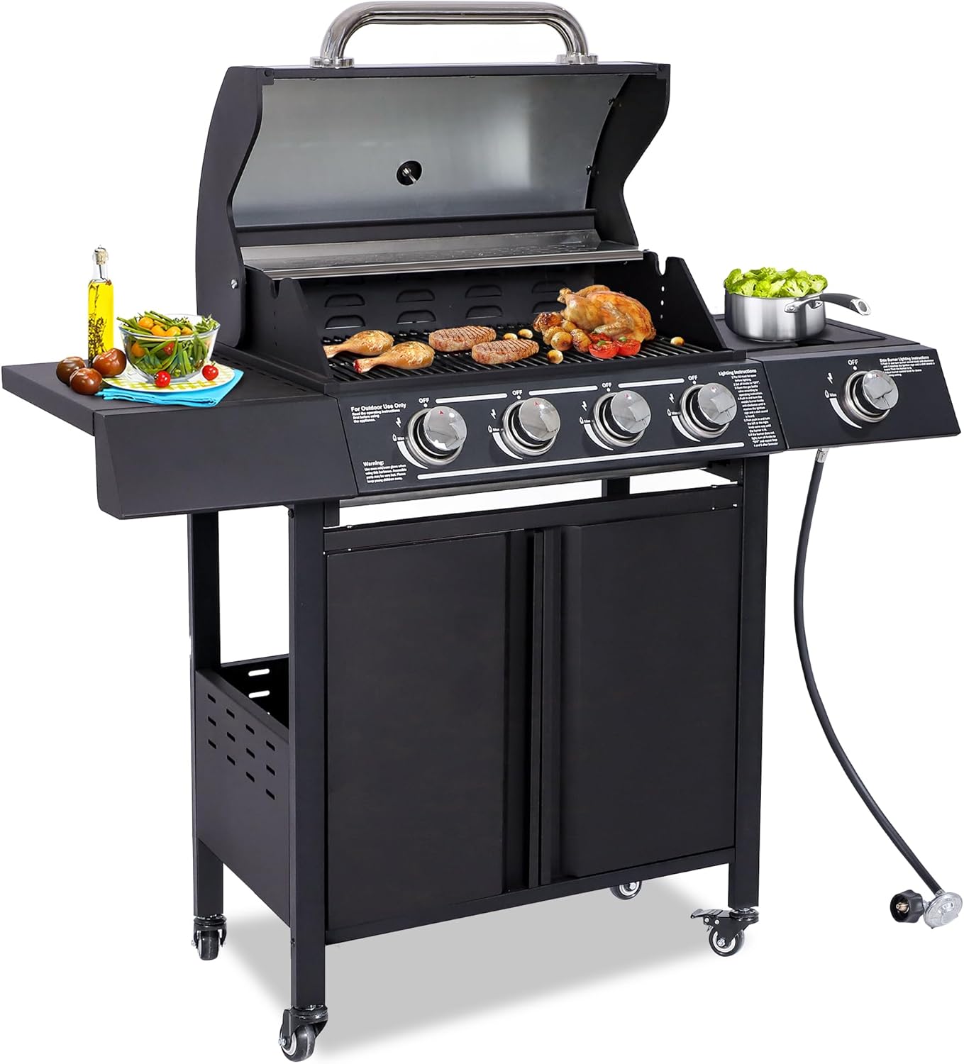Grepatio 4 Burner Gas Grills Propane, 50,000 BTU Propane Gas BBQ Grill with Side Burner, Outdoor Cart Barbecue Grill for Patio Garden Picnic Backyard Camping