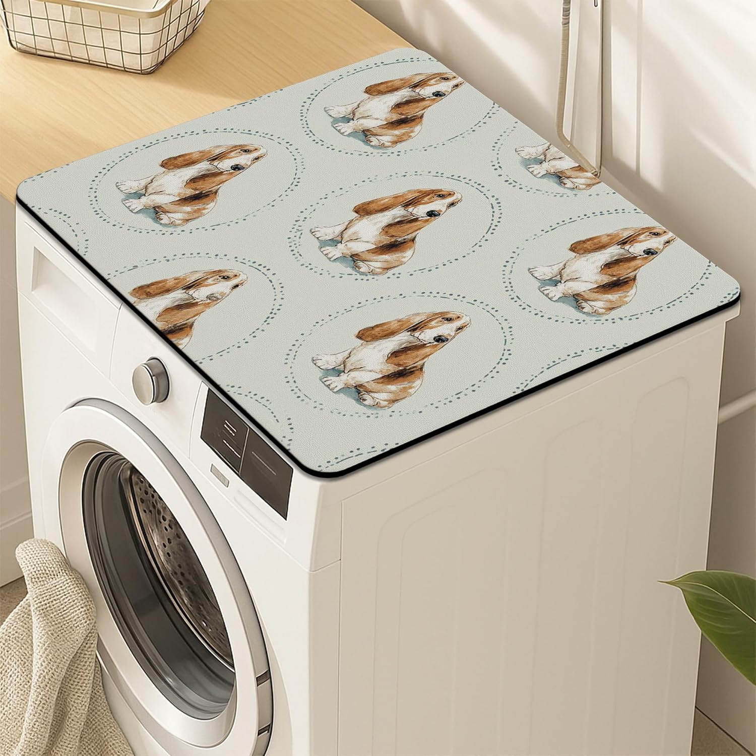 Basset Hound Washer Dryer Top Protector Mat, Vintage Animal Illustration Laundry Machine Dust Covers, Cozy Rubber Anti-slip Waterproof Washer And Dryer Mats for Home 24x24 Inch