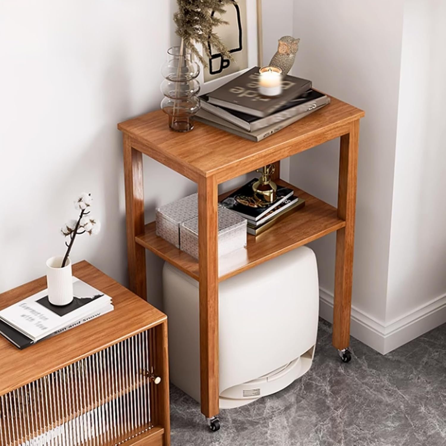 Sweeping Robot Storage Rack, Entryway Hallway Double-Tier Robot Vacuum Cleaner Shelf with Adjustable Shelves, Wood Freestanding Rack, for Living Room Kitchen(Natural,17.7x15.7x34.2'')