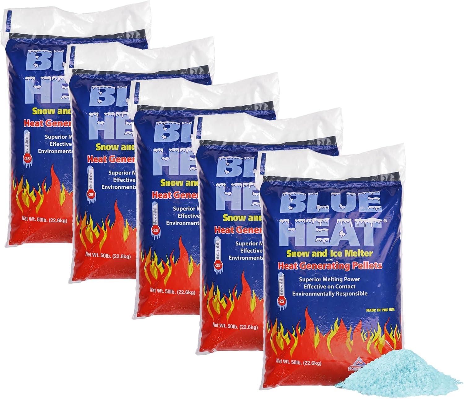 Blue Heat 5 Pack Ice Melt Pellets, Calcium Blend Deicer Snow Melter for Driveway, 50 Lb - Pet-Friendly Winter Relief with Magnesium, Calcium, and Sodium Formula, BH50