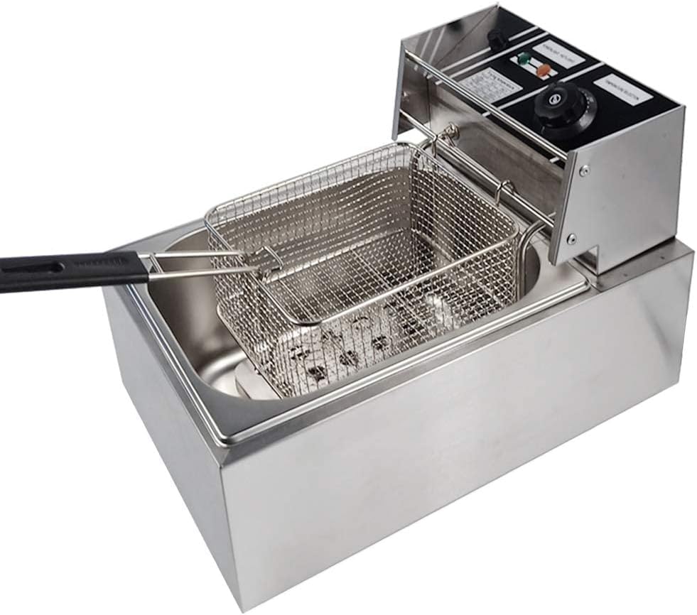 Fat Fryer Stainless Steel Electric Deep Fryer Deep Chip Fryer Single Fat Tank 2500W with Lid 6L Oil Easy Clean