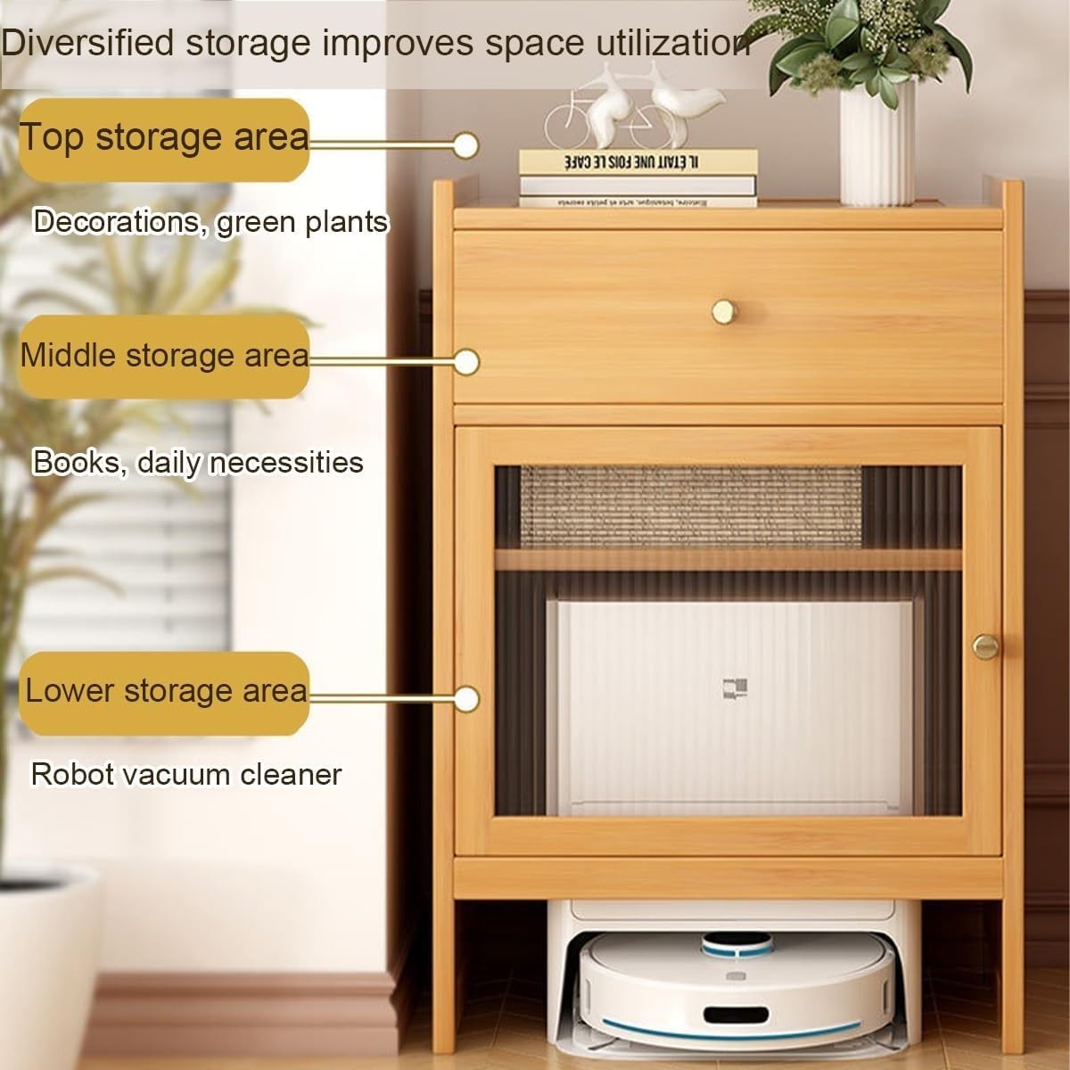 Robot Vacuum Cabinet Robot Vacuum Storage Rack Bamboo Freestanding End Table for Living Room, Home, Office, Entrance, Corridor(Natural)