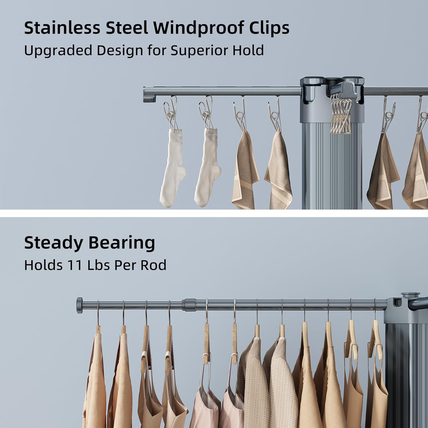 BIREN Clothes Drying Rack Foldable Extending Laundry Rack with 16 Clips Collapsible Clothing Rack Space-Saving Clothing Racks for Hanging Clothes, Indoor, Camping, Balcony, Outdoor