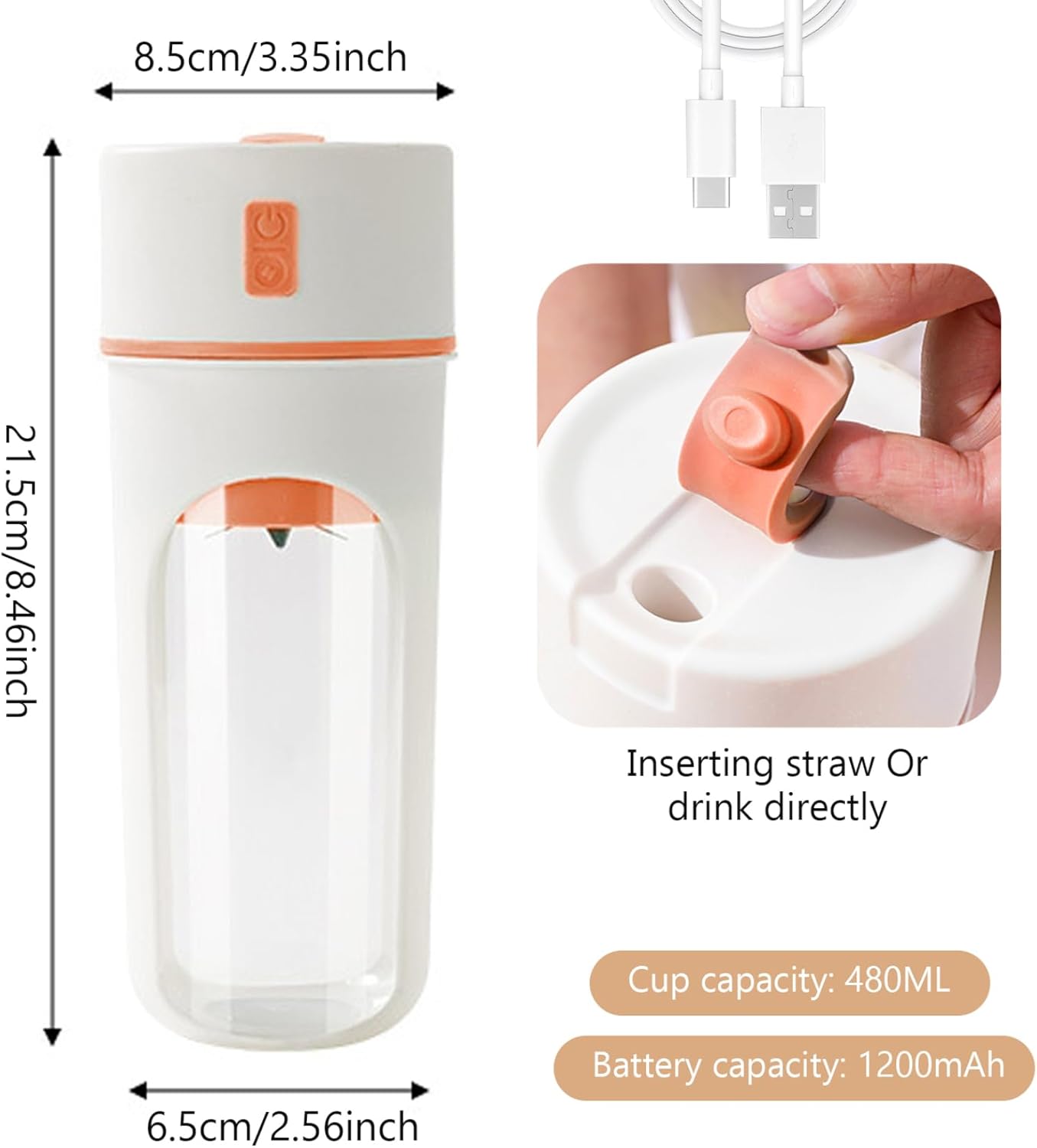 Portable Blender, 480ml Portable Juicer Blender with 6-Blade Head, Cup for Shakes and, USB for Office, Gym, Kitchen, Travel Mini Blenders