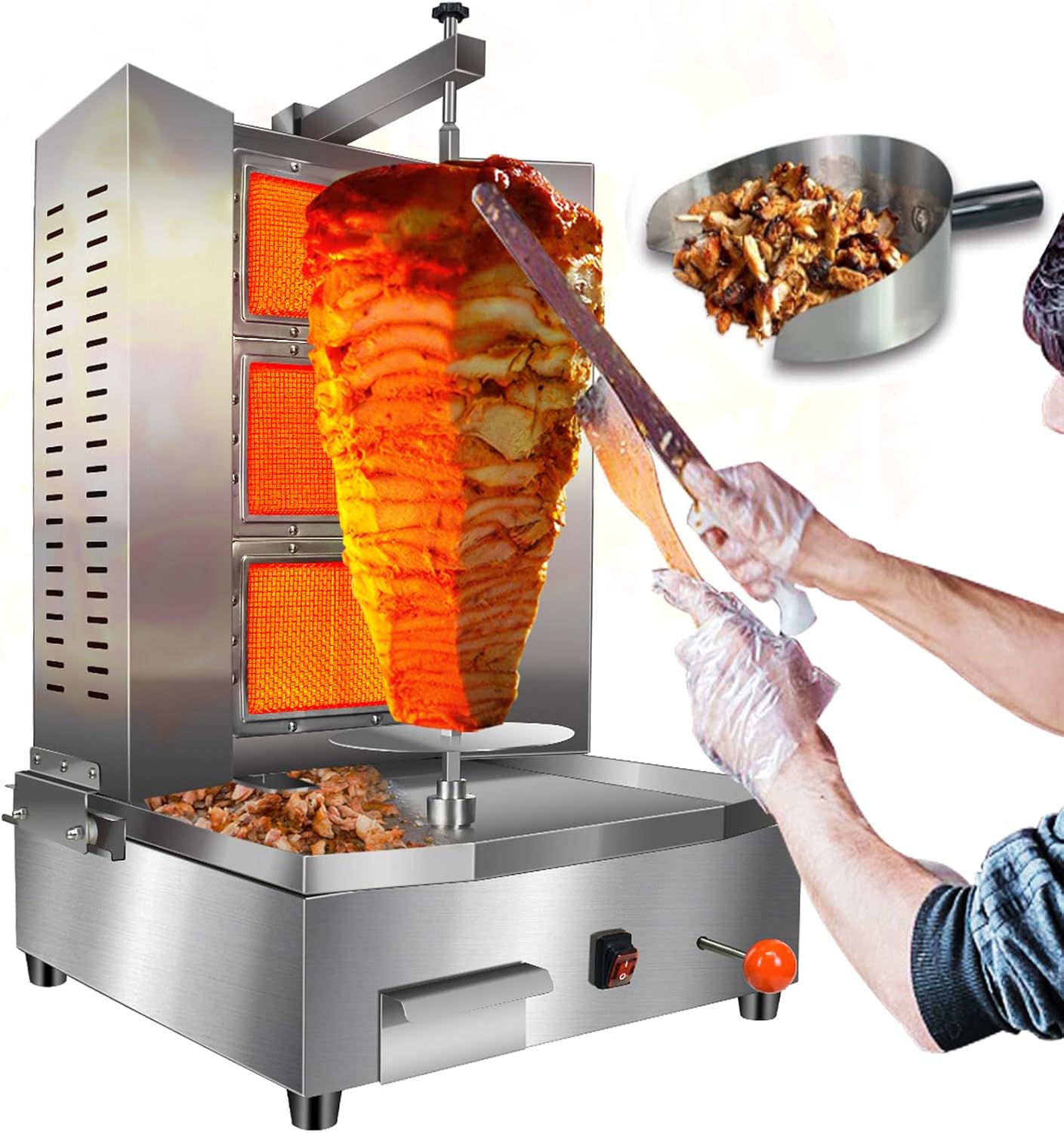 Shawarma Machine 3 Burners Shawarma Grill Machine Propane Doner Kebab Machine with Vertical Rotisserie Meat Catcher for Kitchen
