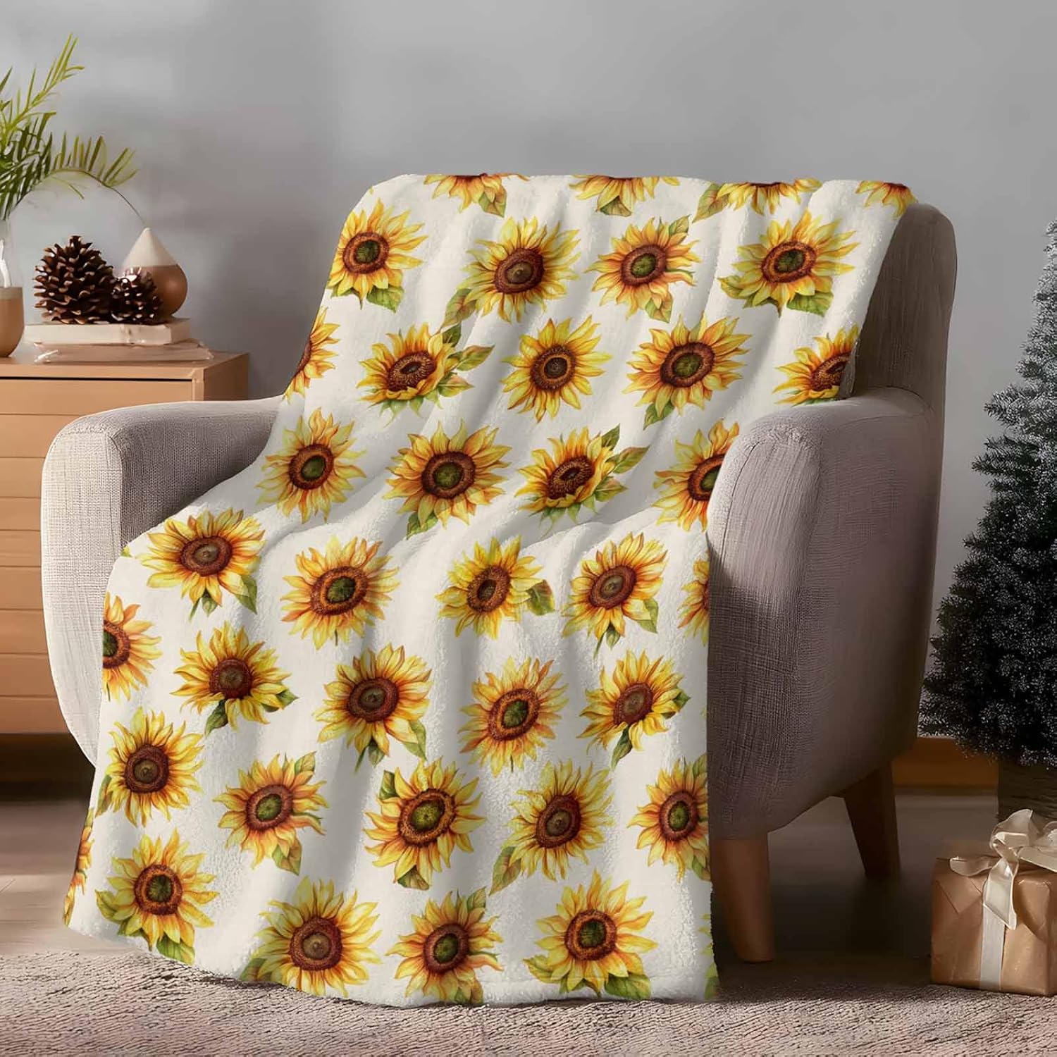 Beige Sunflowers Fall Flannel Fleece Throw Blanket, Thanksgiving Botanical Floral Microfiber Soft Fleece Blankets for All Season, Decorative Cozy Fluffy Plush for Household, Office, 30