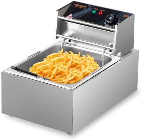 ROVSUN 11.4QT Electric Commercial Deep Fryer with Basket & Lid, Countertop Kitchen Frying Machine, Temperature Adjustable Stainless Steel French Fryer for French Fries Donuts Onion Rings 2500W