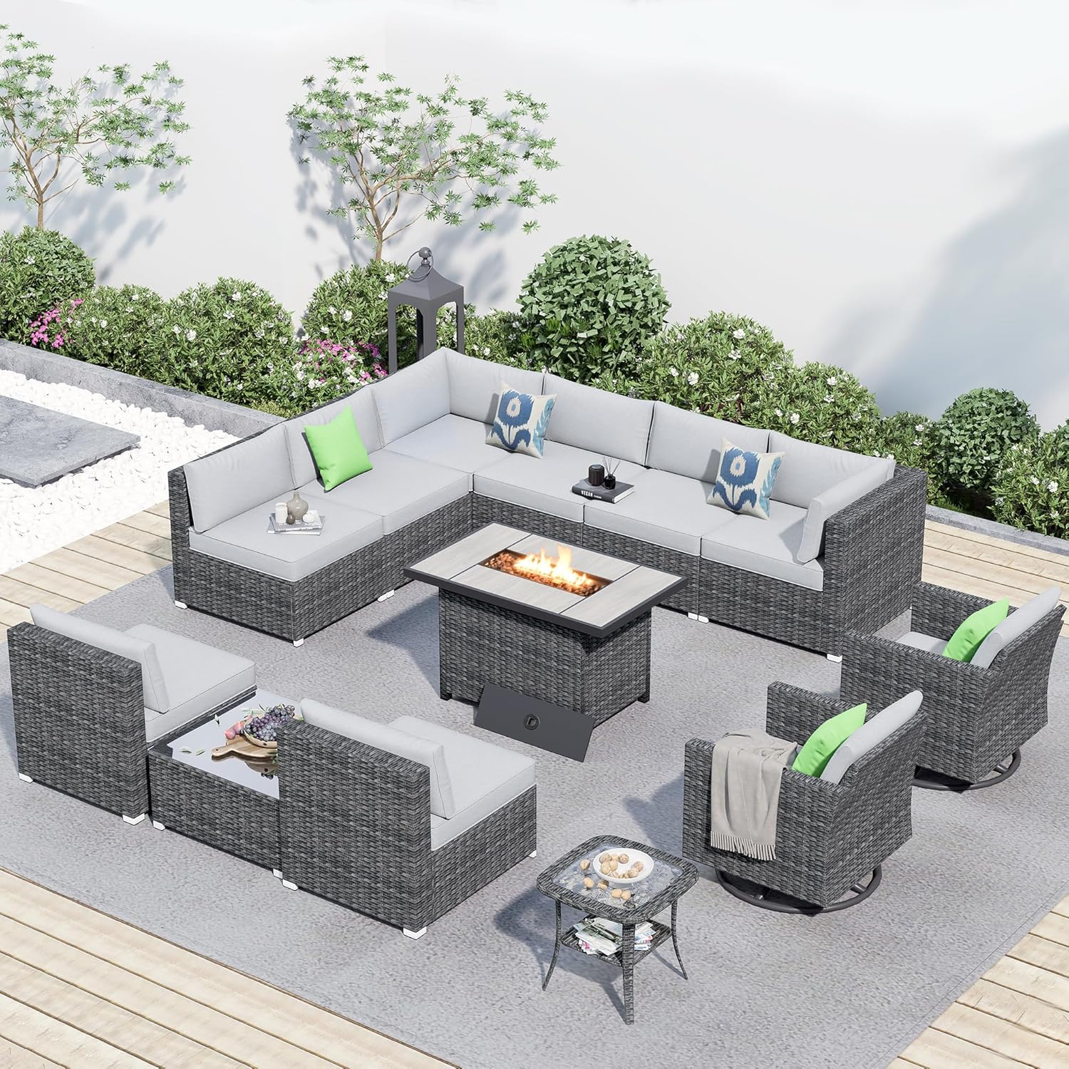 HOOOWOOO 13 Piece Patio Sectional Furniture Set with Fire Pit Table,Modern Wicker Outdoor Conversation Sofa Sets,All Weather Modular L Shaped Outside Couch Swivel Chair Set(Light Grey)