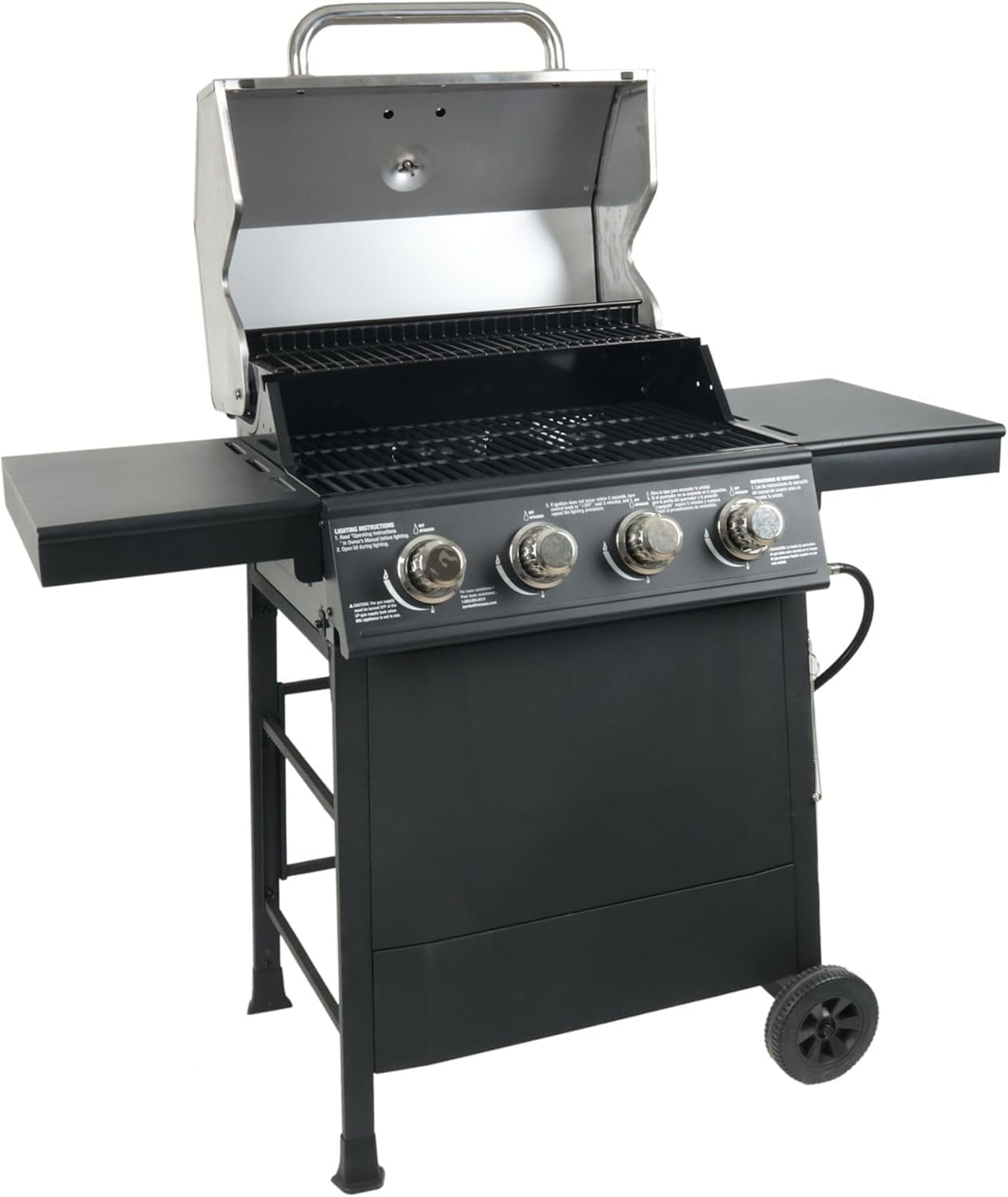 4-Burner Outdoor Propane Gas Grill with Side Burner, Stainless Steel Lid, Push Ignition, Warming Rack, Wheels, Black